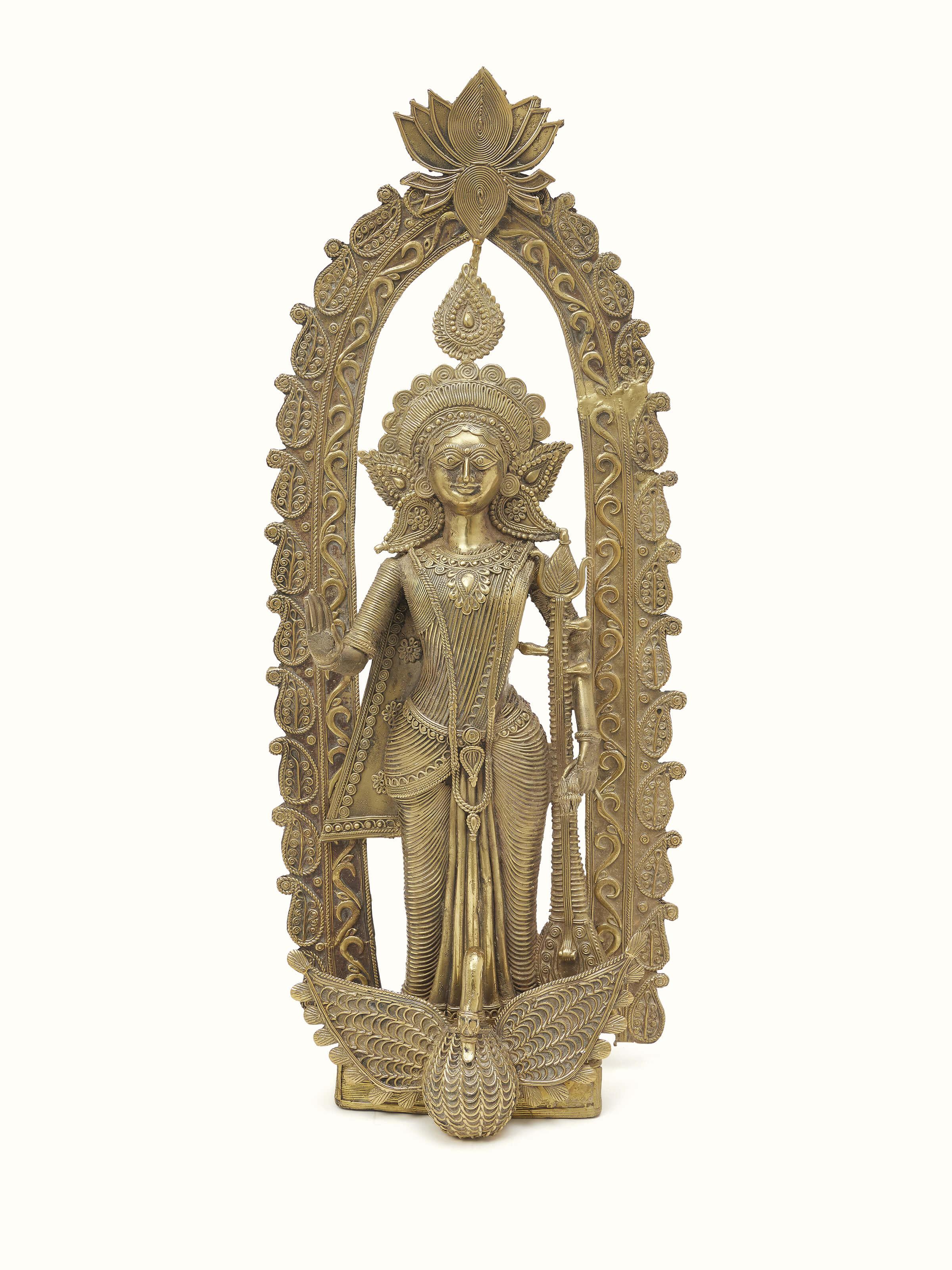 Front view of Dhokra Saraswati Brass Idol with intricate traditional detailing