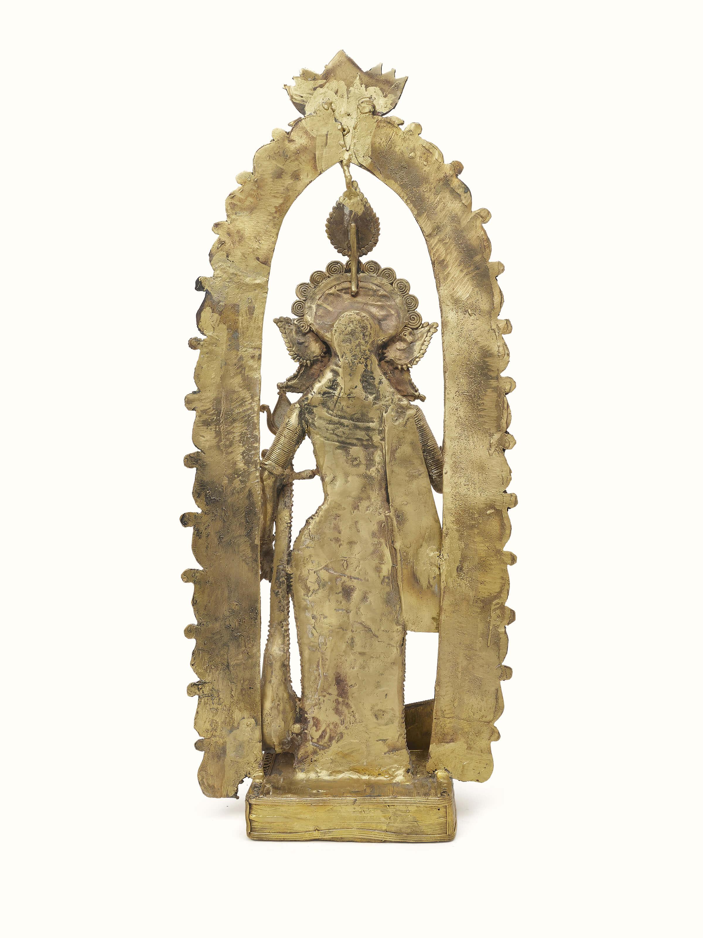 Dhokra Saraswati Brass Idol in a detailed view showcasing traditional design and craftsmanship
