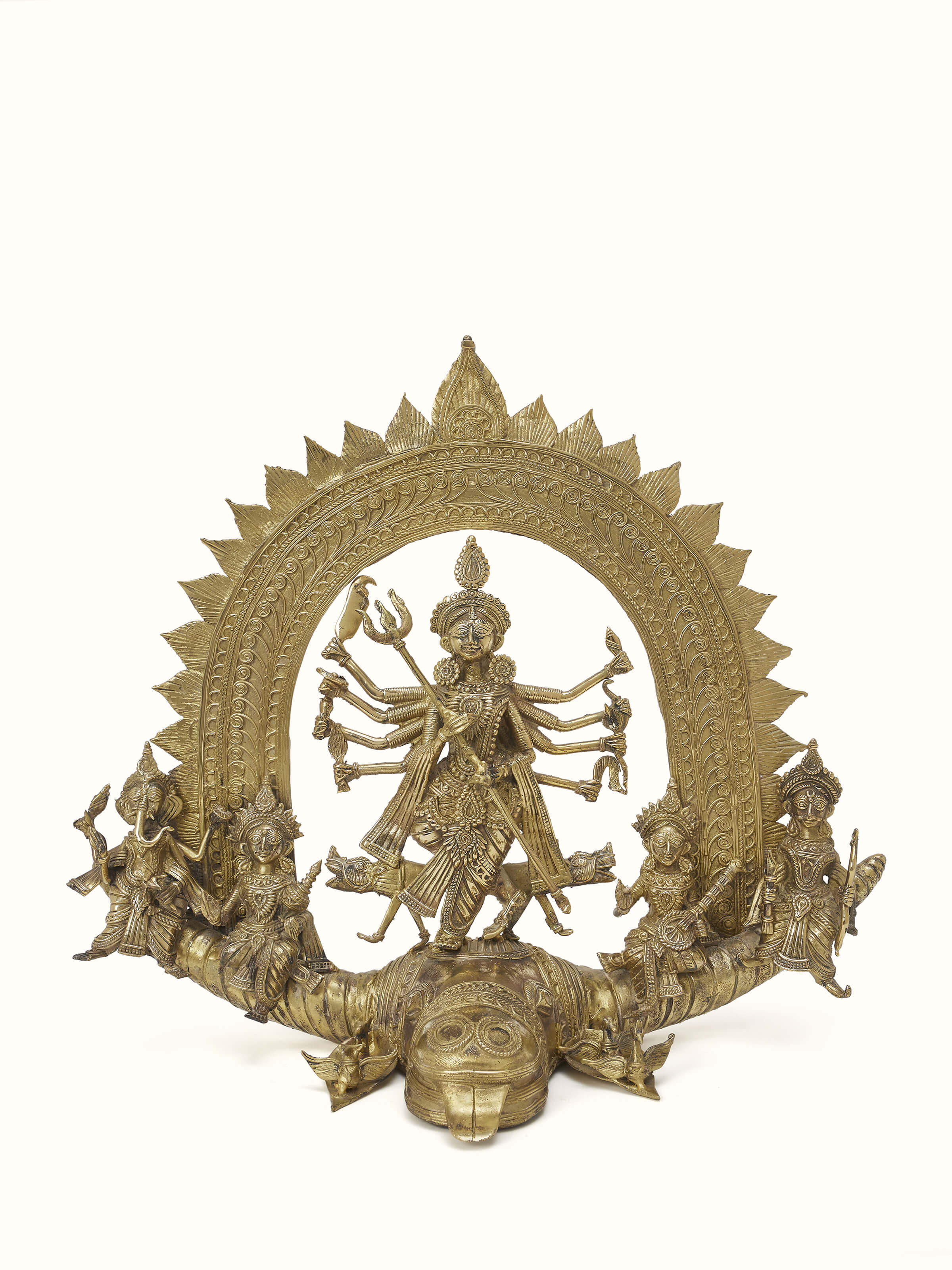 Front view of Heavenly Dhokra brass Devi family idol showcasing detailed traditional craftsmanship