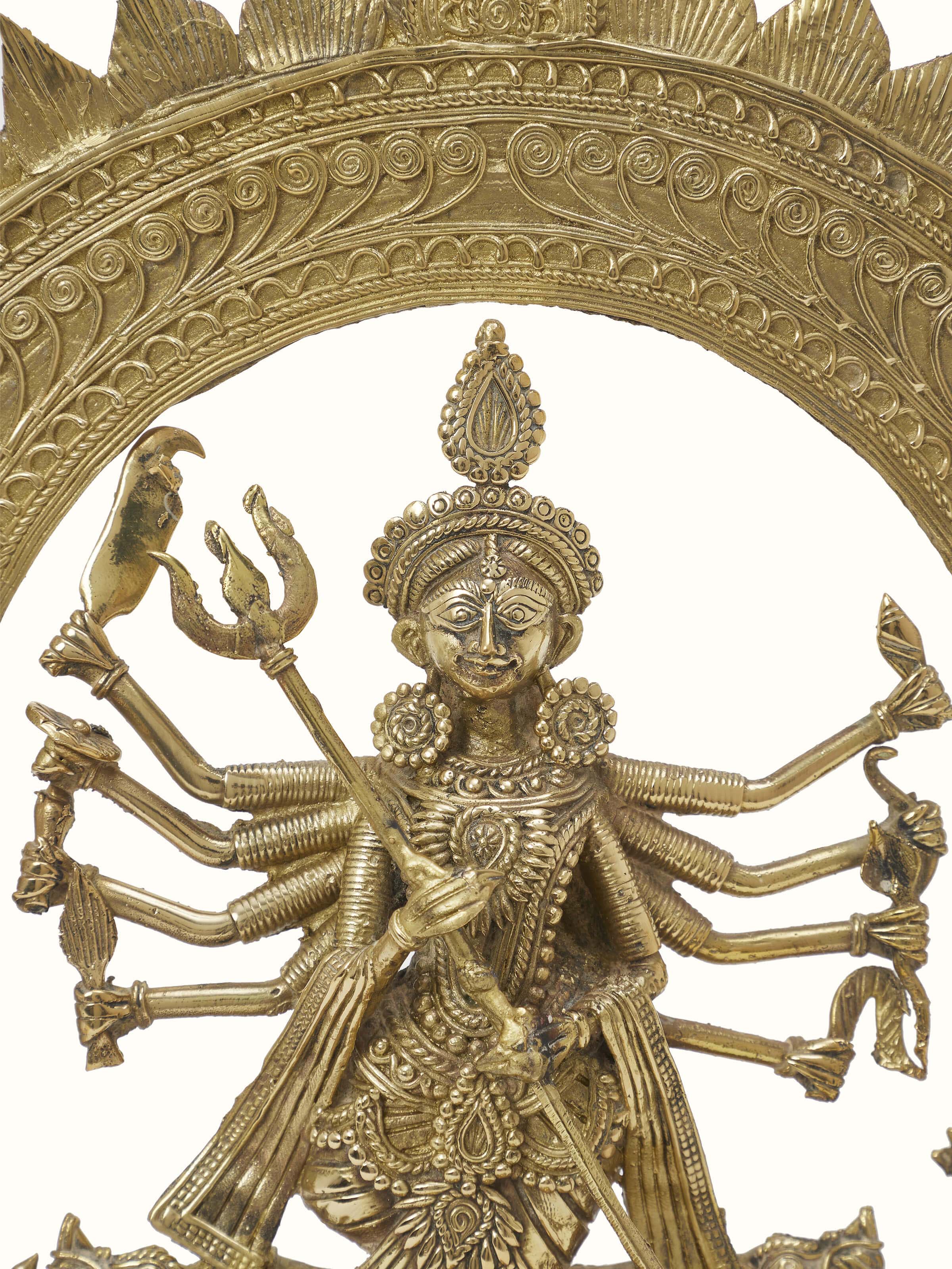 Detailed view of Heavenly Dhokra brass Devi family idol showcasing fine brasswork and artistic details