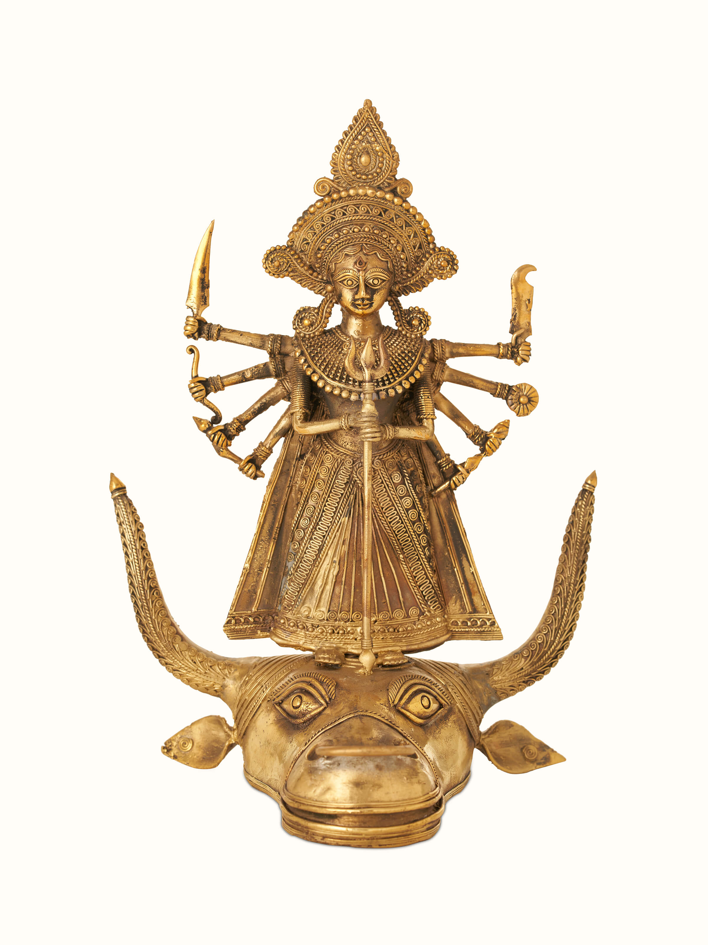 Front view of Brass Dhokra Durga on Bull Idol highlighting the intricate Dhokra brass craftsmanship.