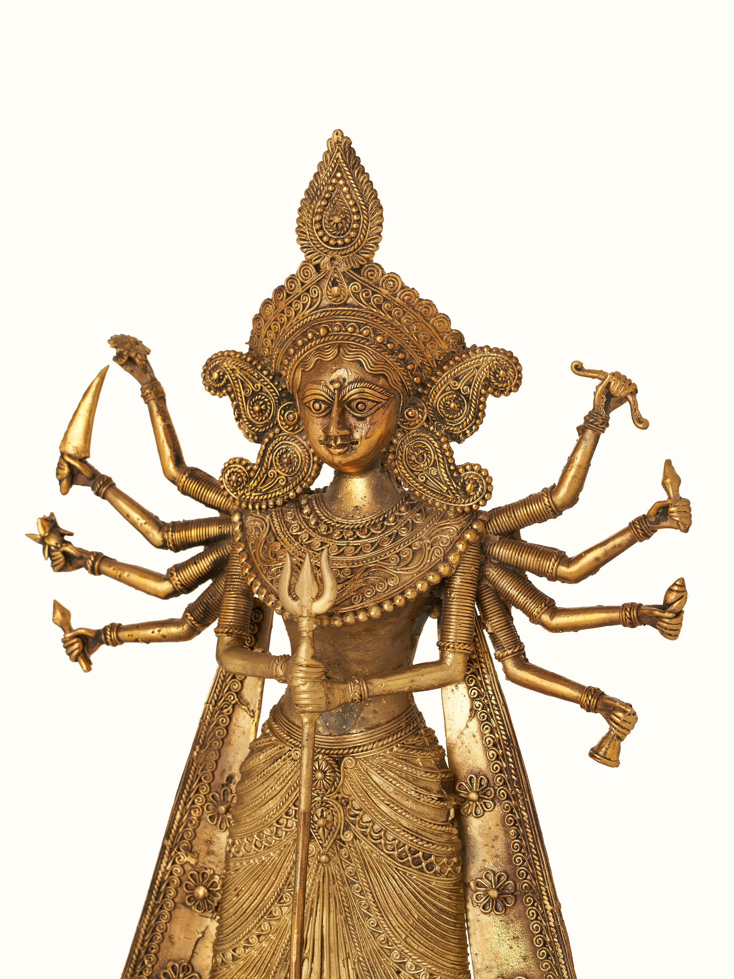 Close-up detail of Brass Dhokra Durga on Bull Idol focusing on the fine details and texture of the brass.
