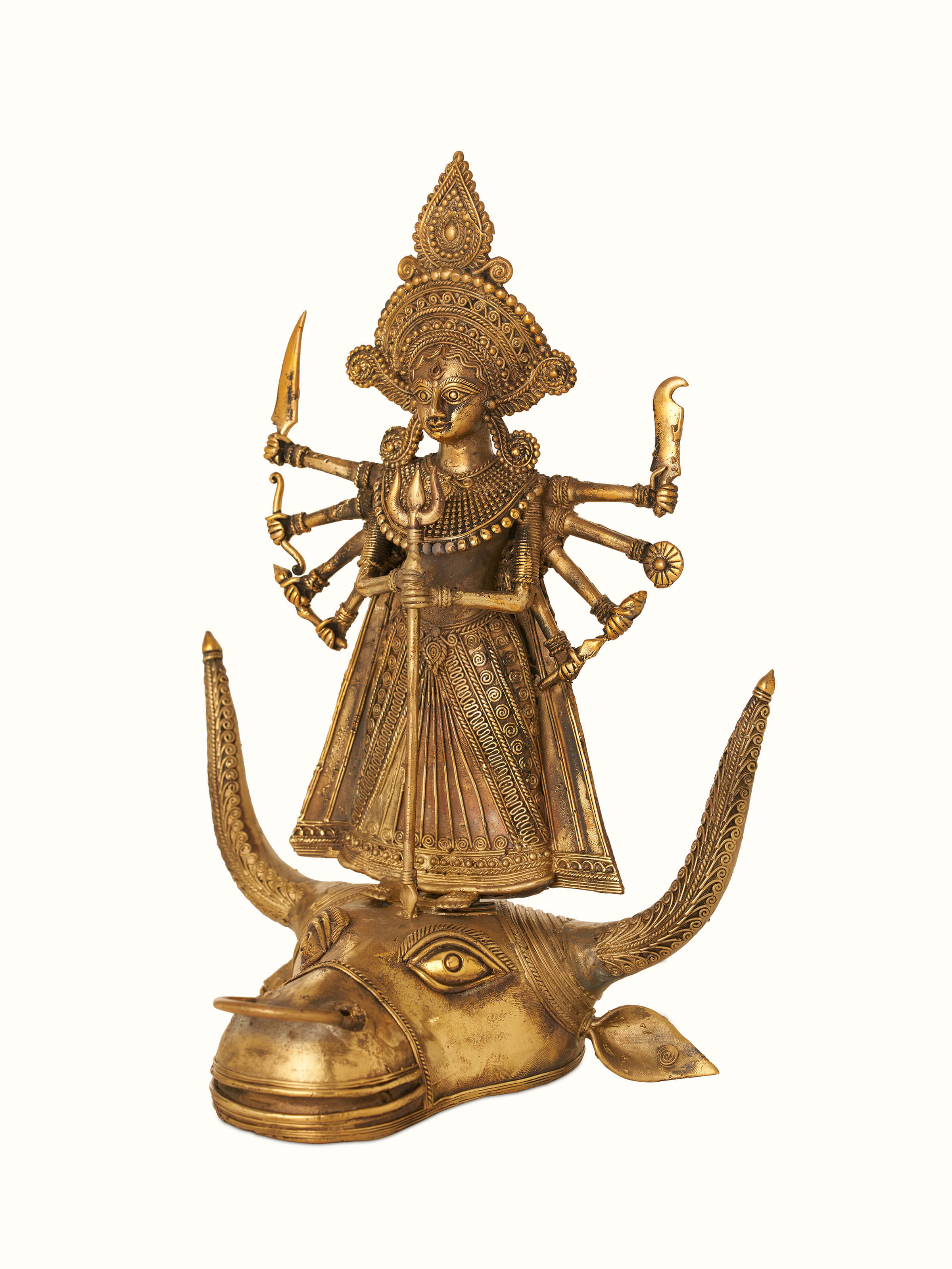 Alternate view of Brass Dhokra Durga on Bull Idol showcasing different angles and intricate design elements.