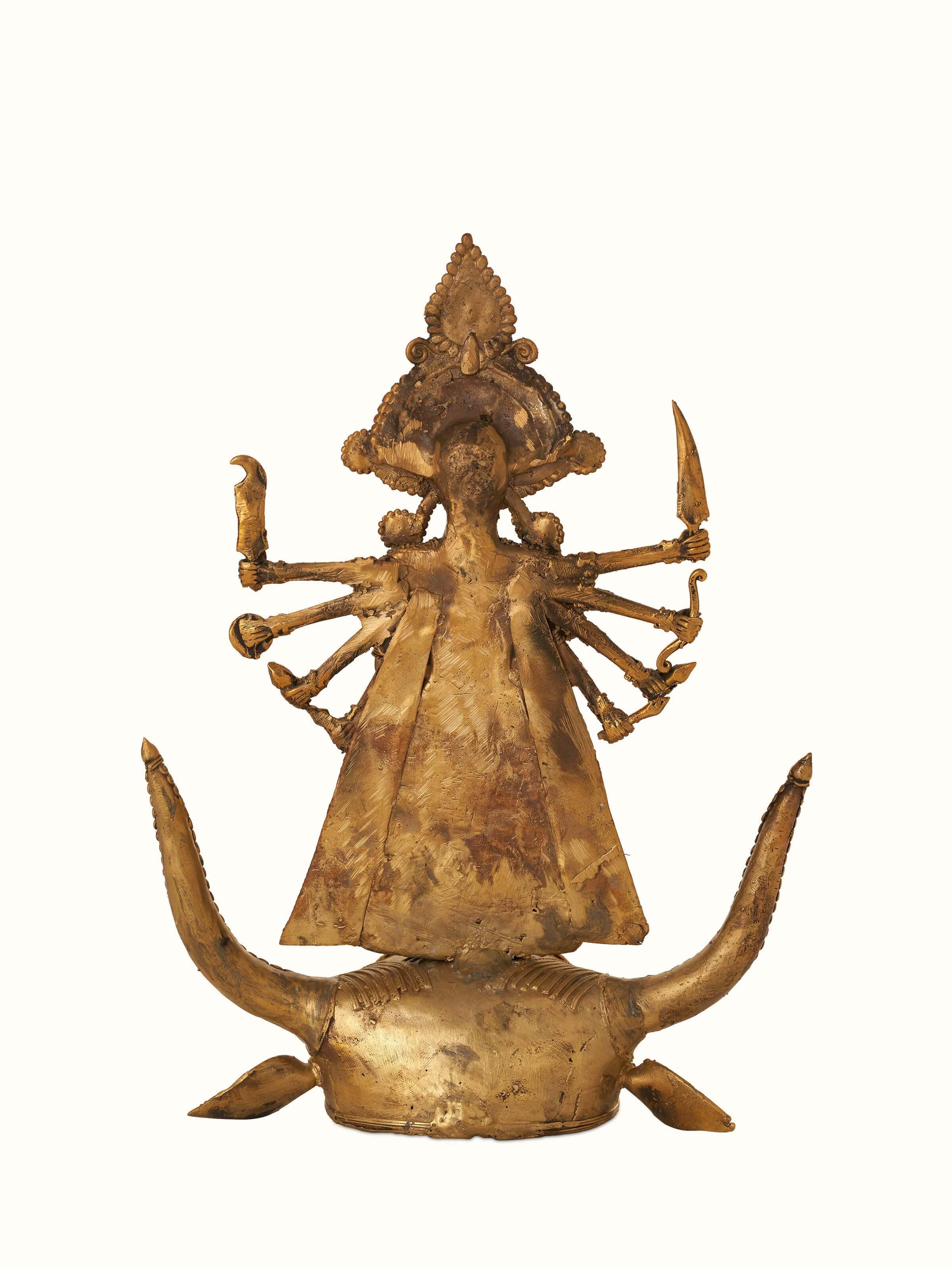 Back view of Brass Dhokra Durga on Bull Idol highlighting the craftsmanship and overall design.