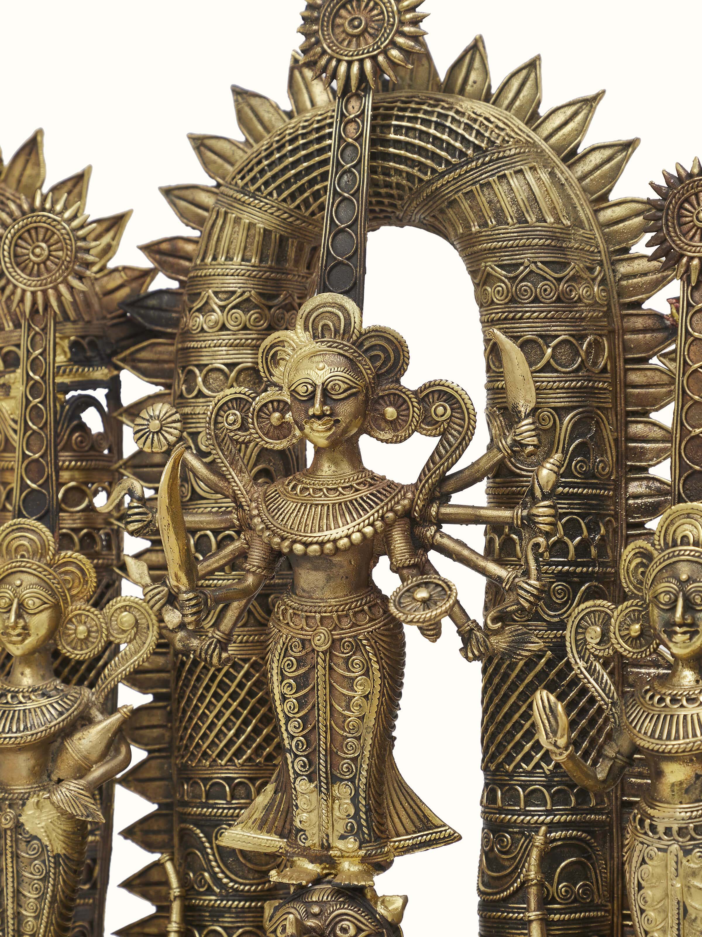 Detailed view of Pristine dhokra brass goddess idol emphasizing fine artistry and delicate features