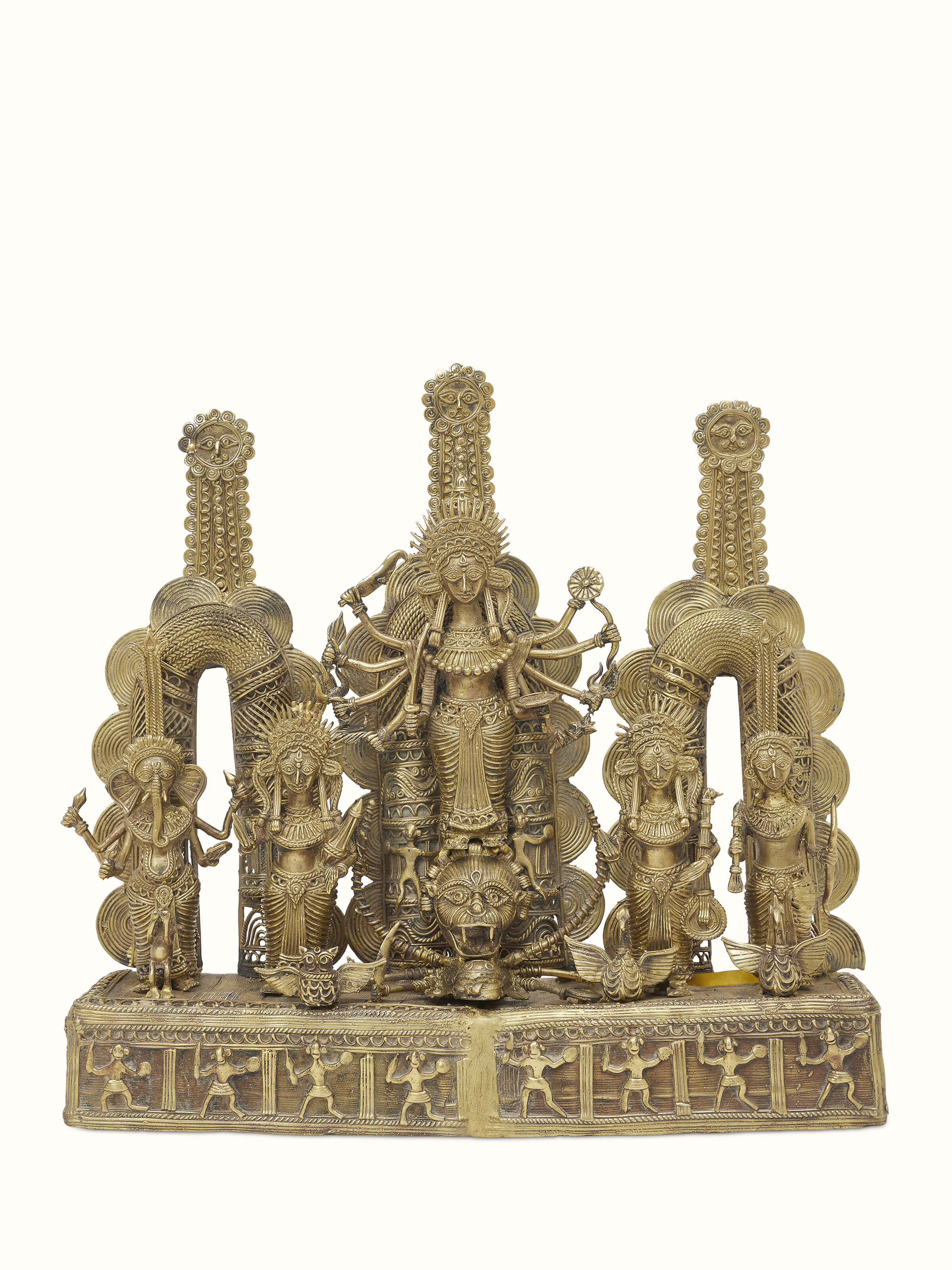 Front view of Beatific Dhokra Brass Creator Goddess Idol displaying intricate brass work and detailed craftsmanship