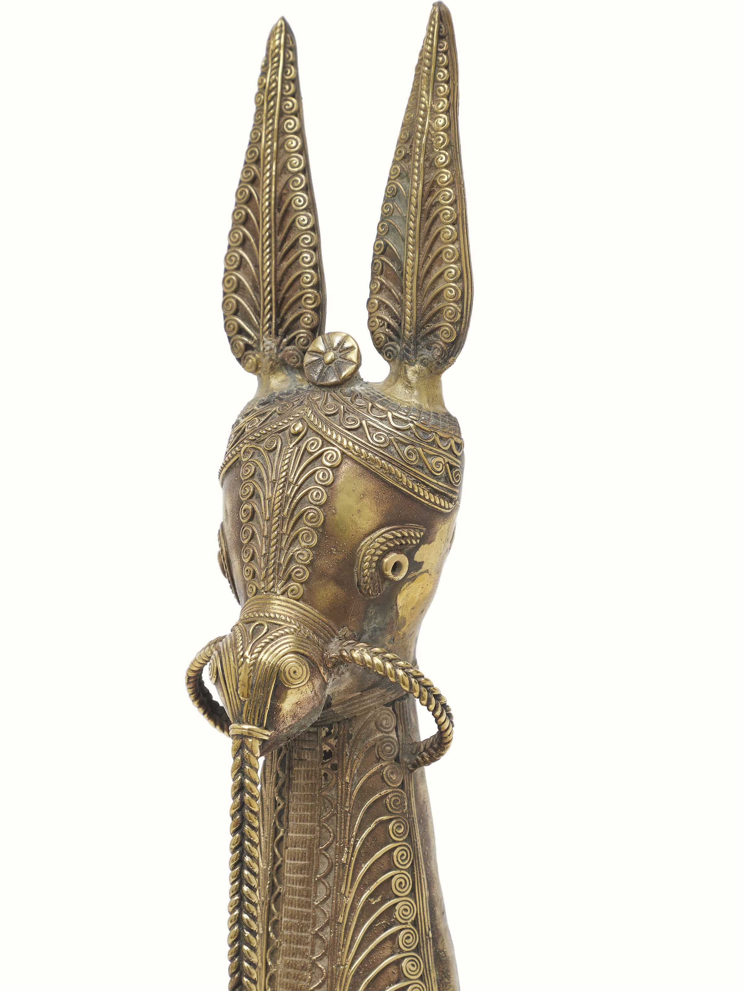 Close-up of Ashvad Dhokra brass horse idol focusing on intricate patterns and details