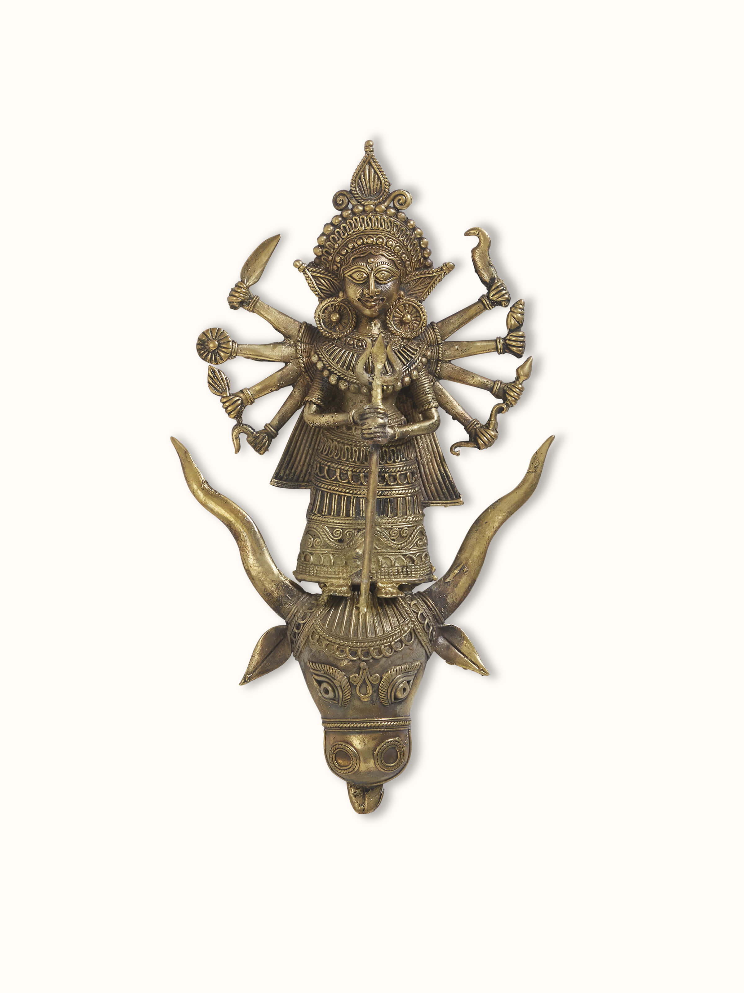Front view of brass Dhokra Durga idol with traditional design and artistic details