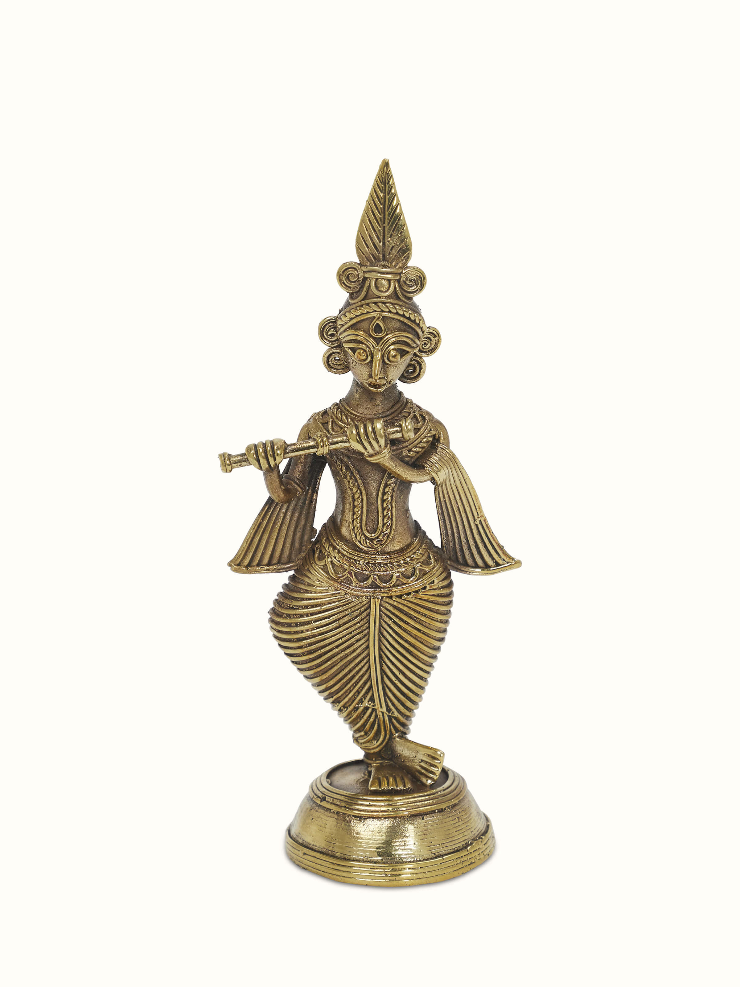 Front view of Brass dhokra Krishna idol showcasing the intricate brass work and traditional design