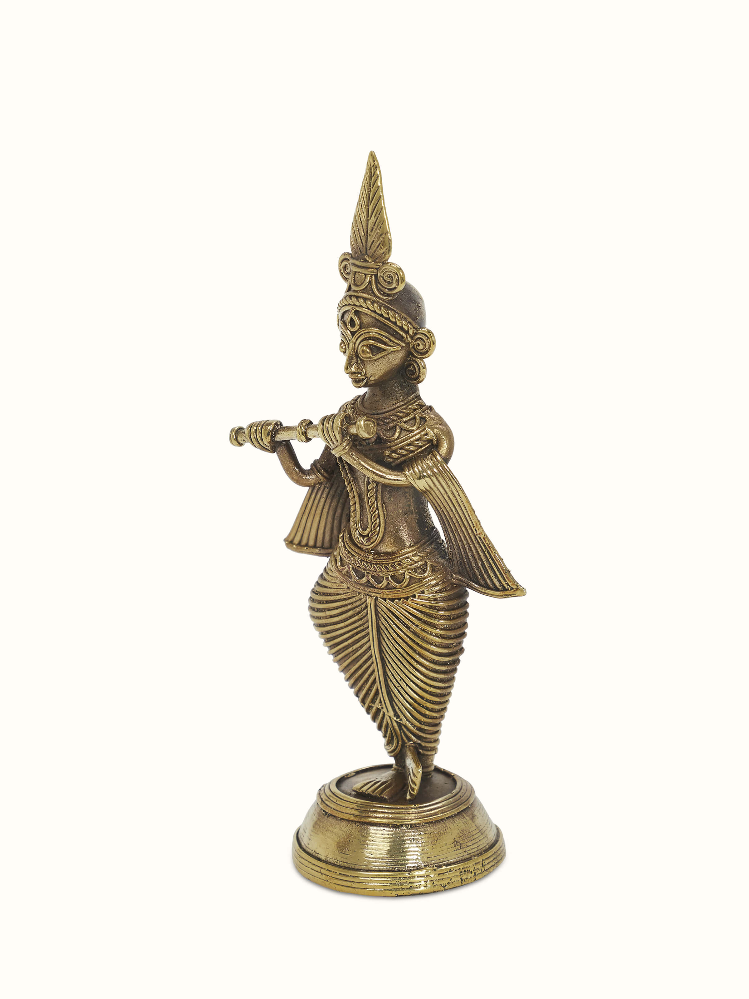 Side view of Brass dhokra Krishna idol highlighting the detailed dhokra craftsmanship and elegant features