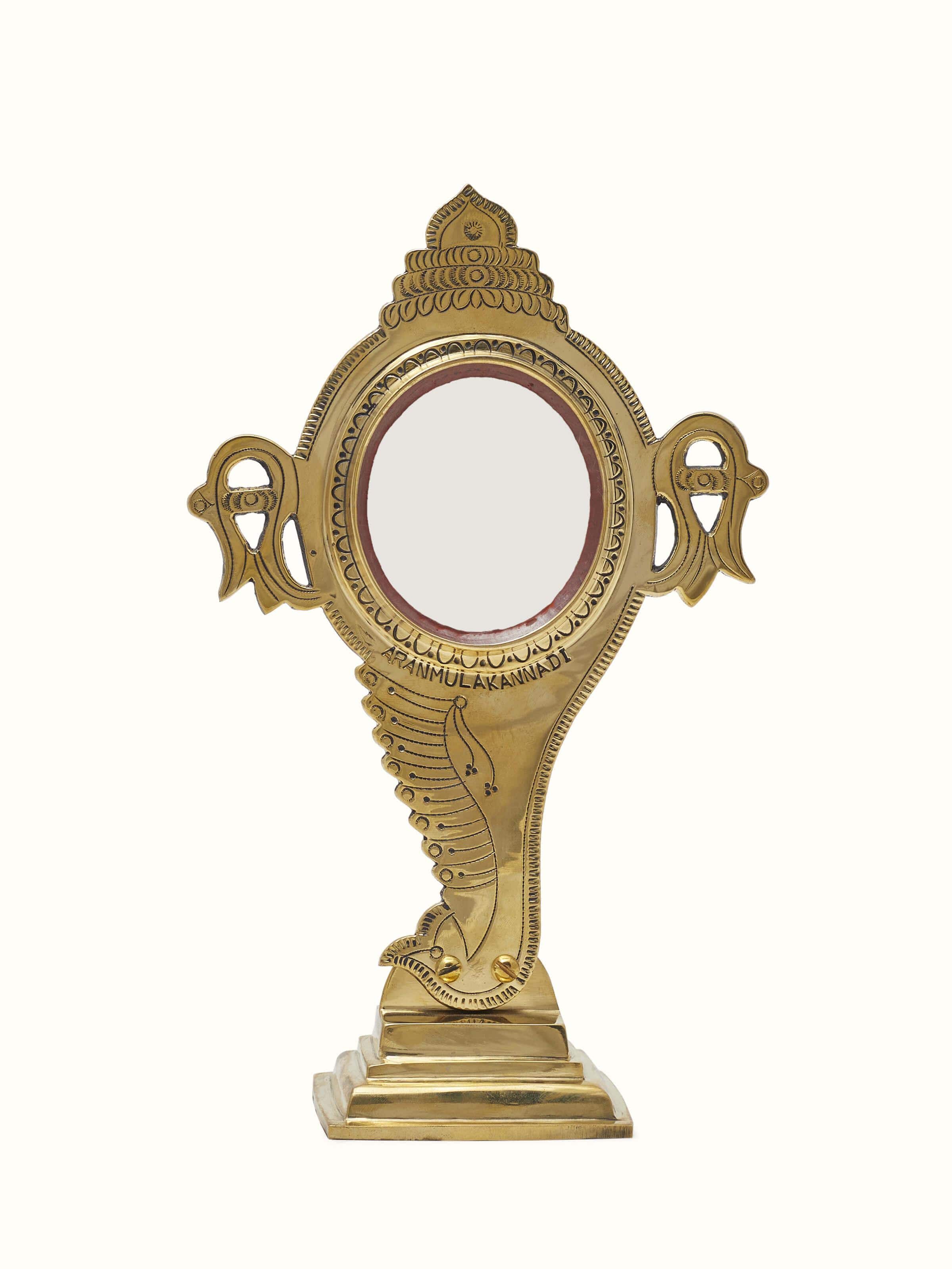 Front view of Natural Aranmula Kannadi Brass Mirror, showcasing the traditional brass mirror with ornate details