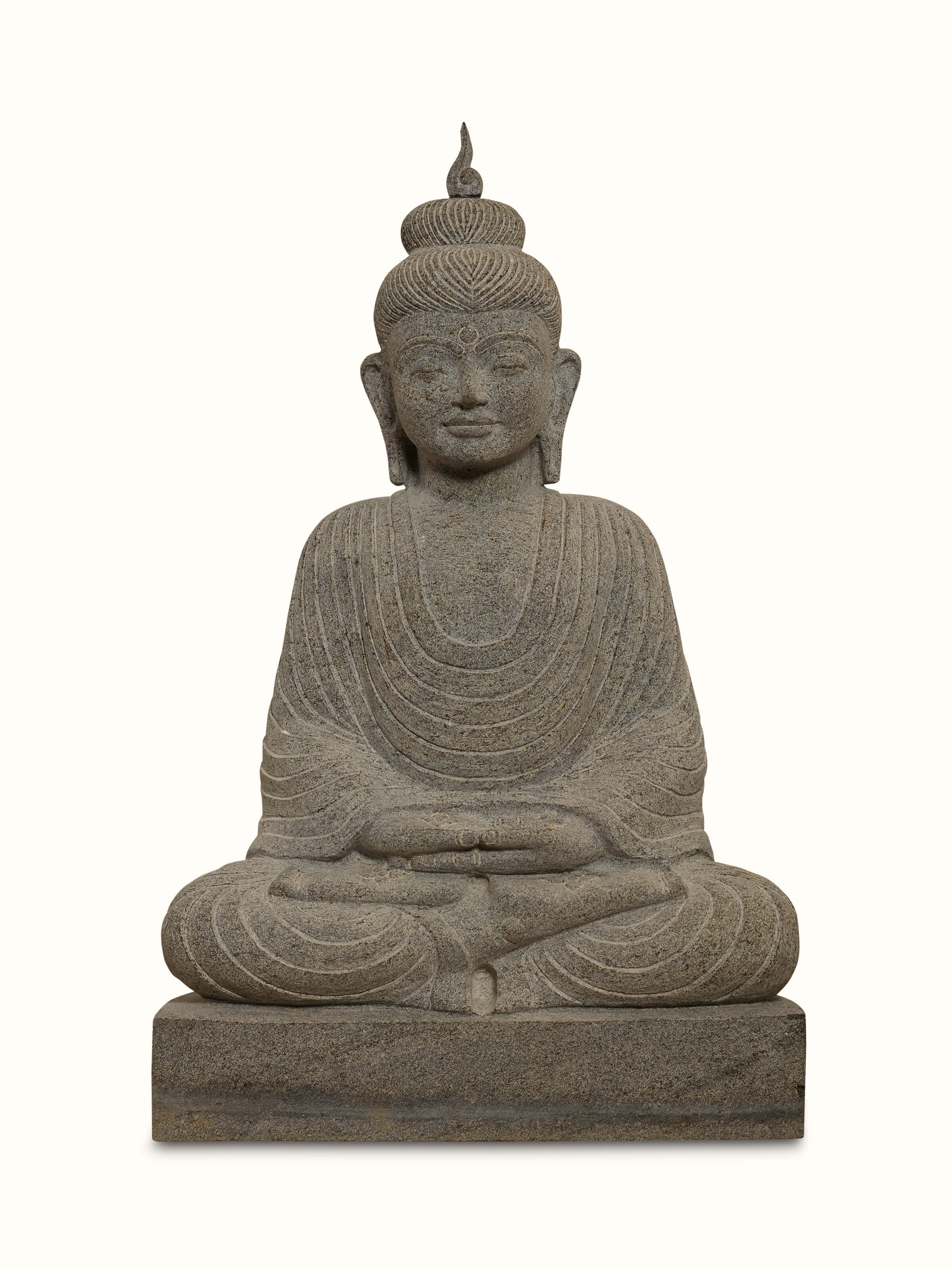 Front view of Serene Carved Stone Buddha Idol displaying the calm and detailed stone carving.