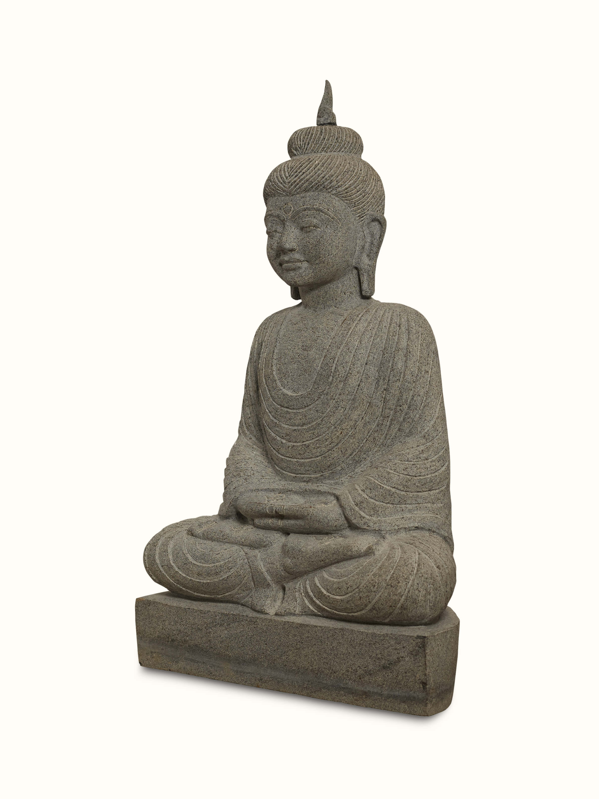 Angle view of Serene Carved Stone Buddha Idol emphasizing the detailed stone work and serene expression.