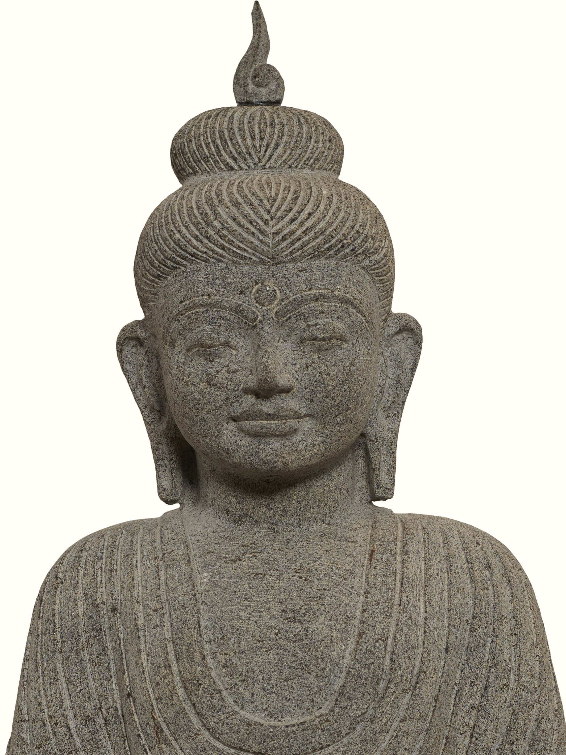 Back view of Serene Carved Stone Buddha Idol showing the rear detailing and craftsmanship.