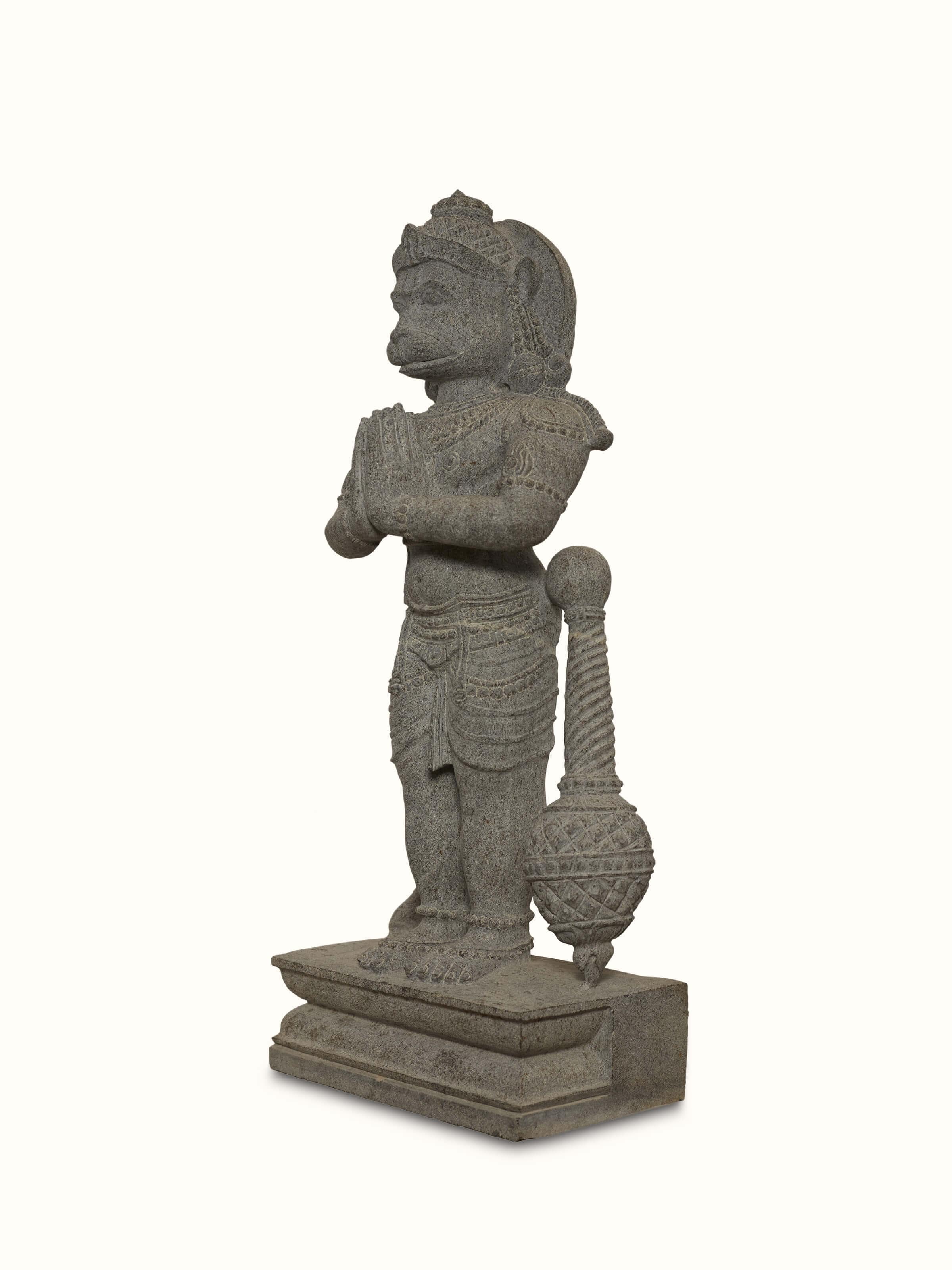 Angle view of Maruti carved stone Hanuman idol