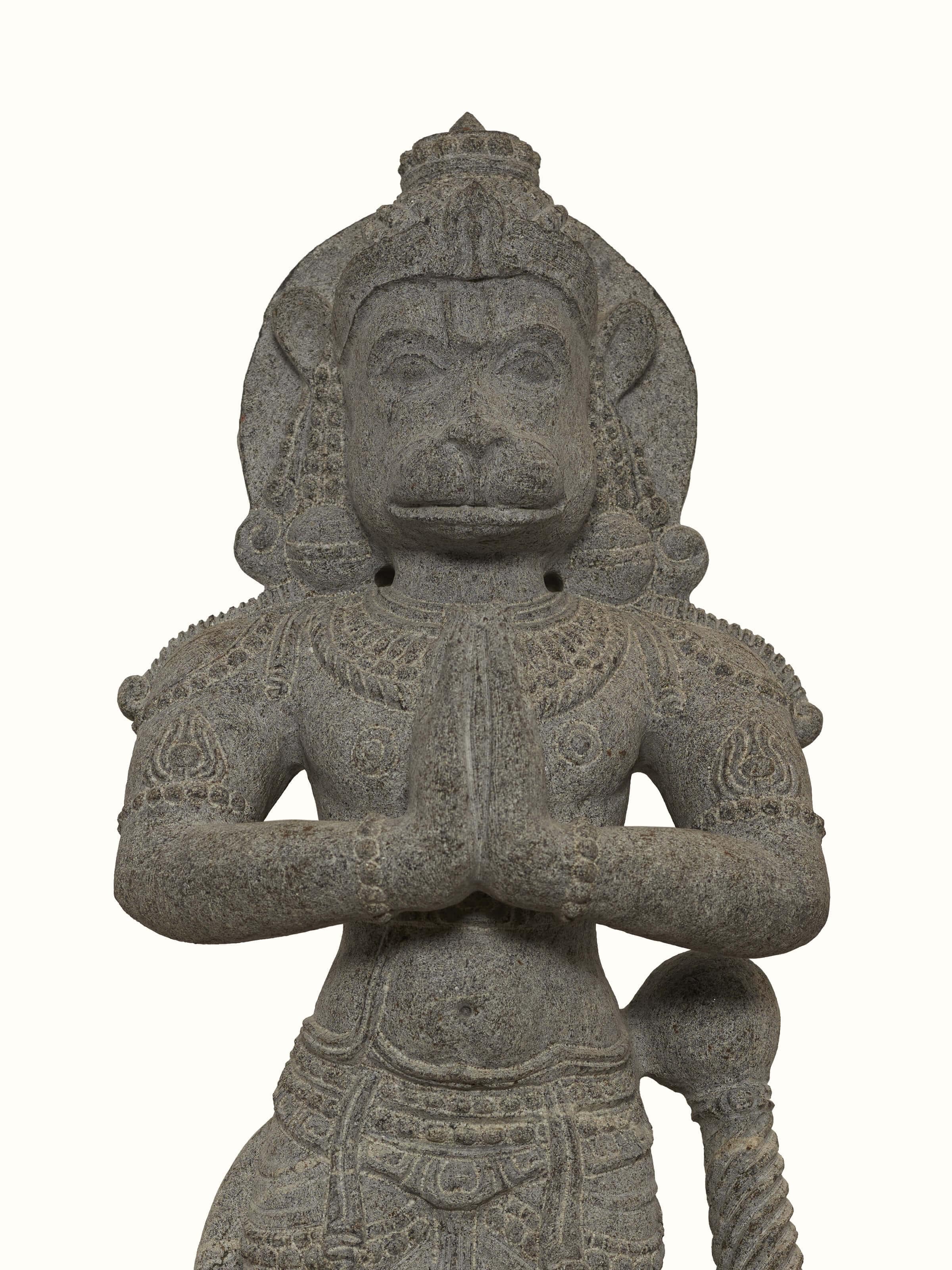 Detailed view of Maruti carved stone Hanuman idol