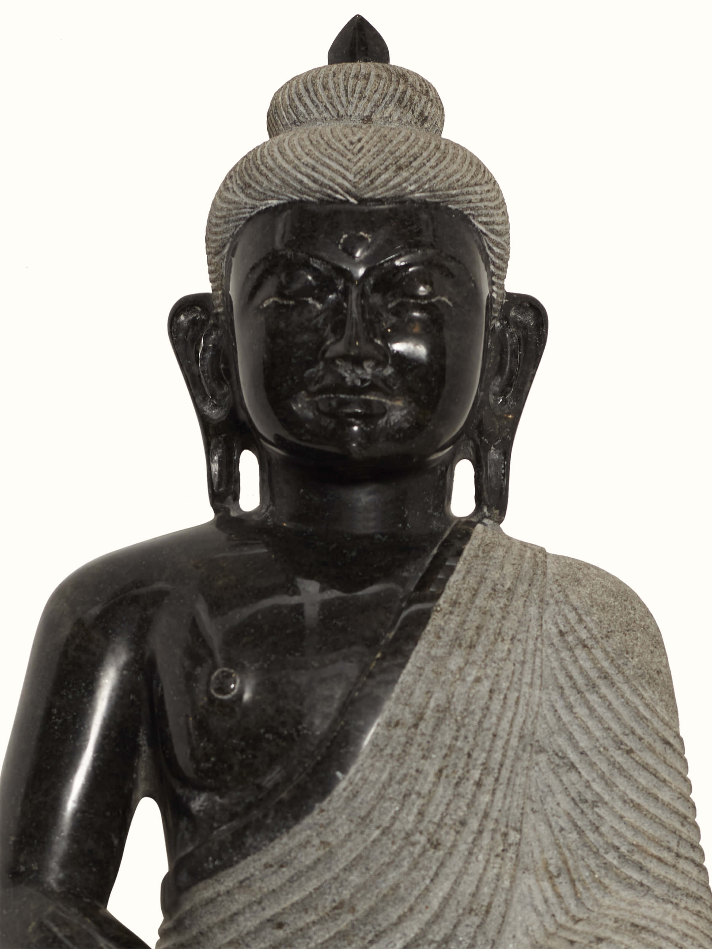Close-up view of Maitreya Carved Stone Buddha Idol highlighting its intricate design
