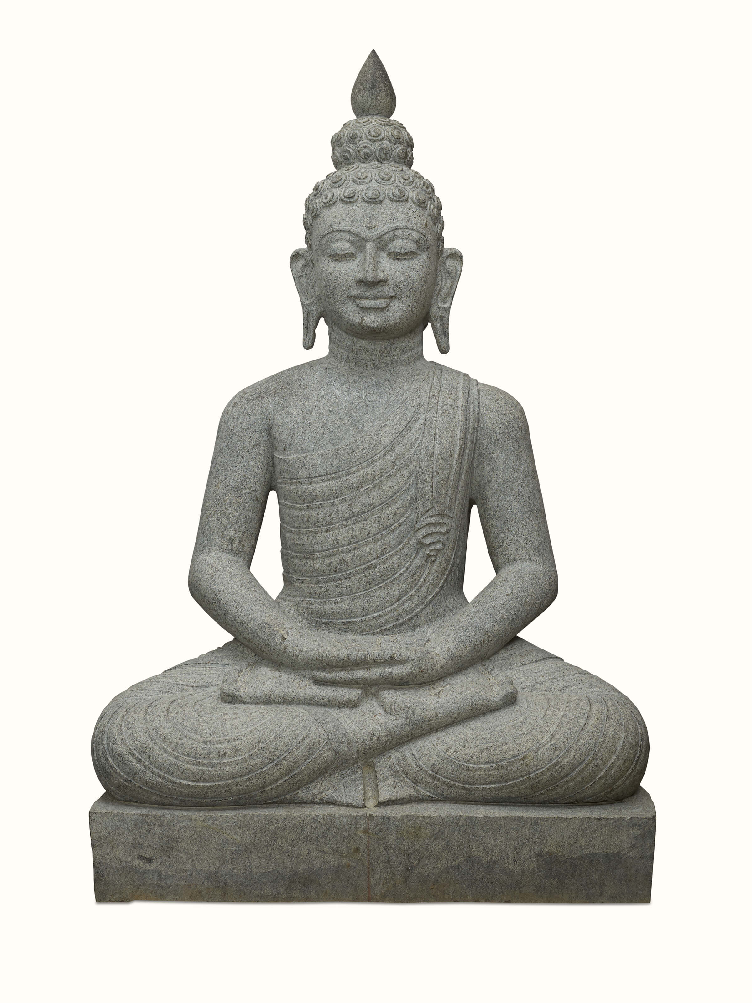 Front view of Meditating carved stone Buddha idol emphasizing serene expression and detailed carving.