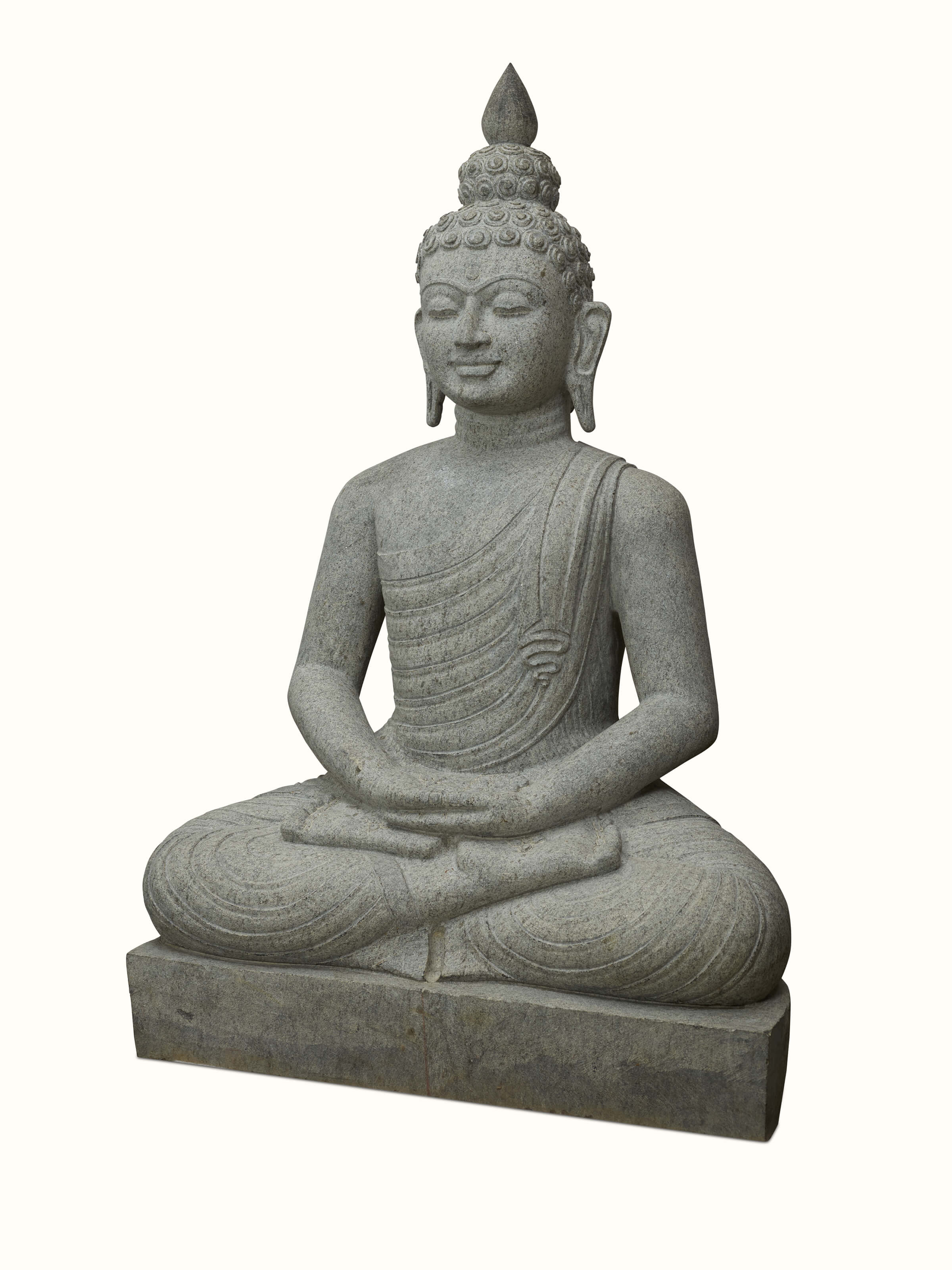 Angled view of Meditating carved stone Buddha idol highlighting the intricate details and tranquil posture.