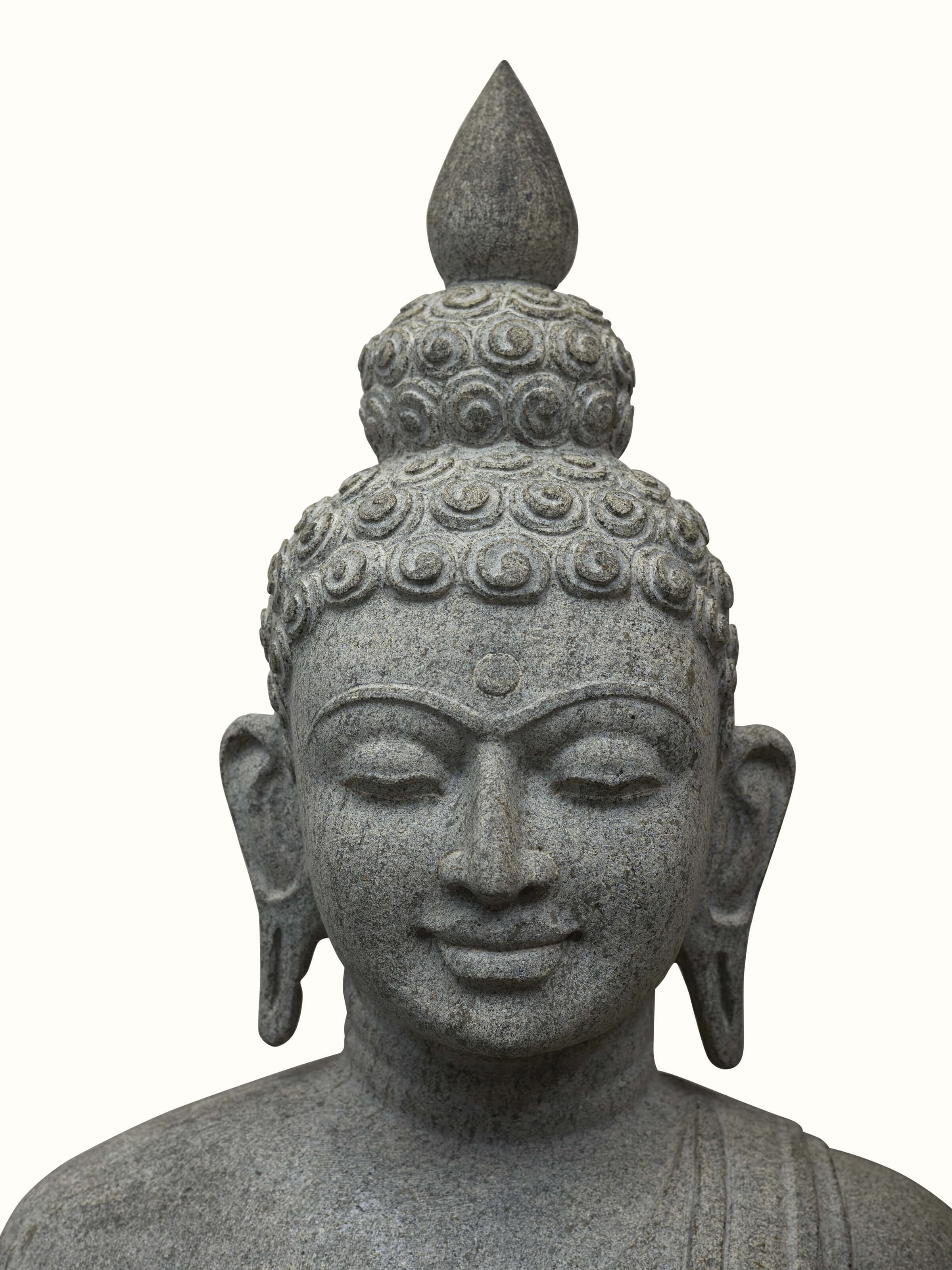 Full view of Meditating carved stone Buddha idol showcasing overall serene and detailed stone carving.