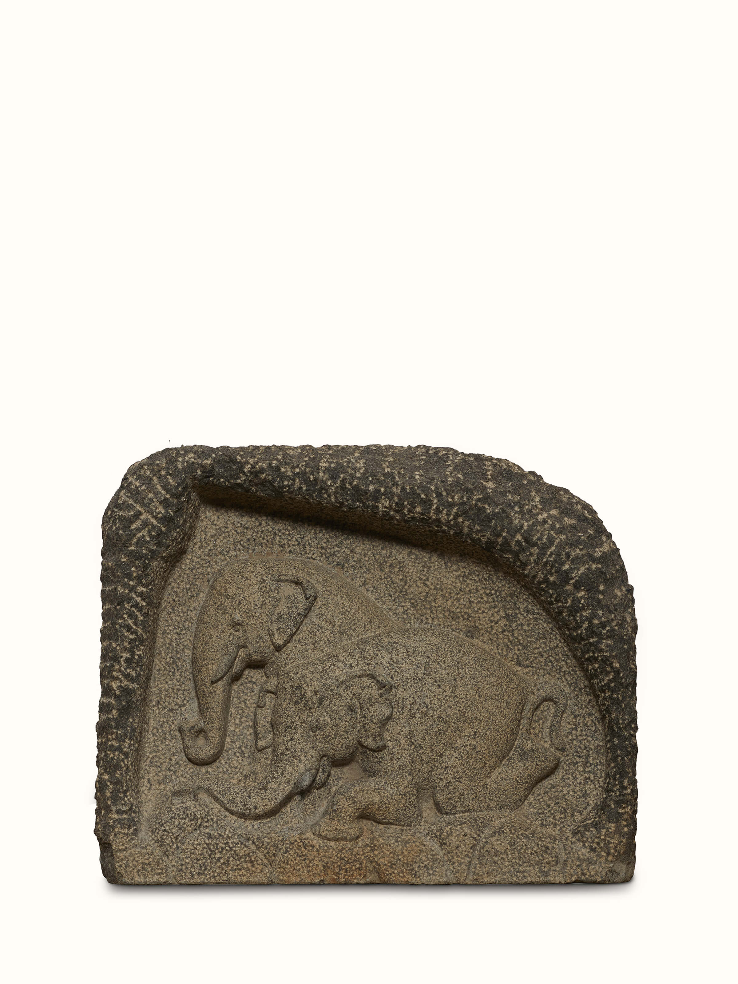 Front view of Adambara carved stone shore elephants sculpture showcasing detailed carvings.