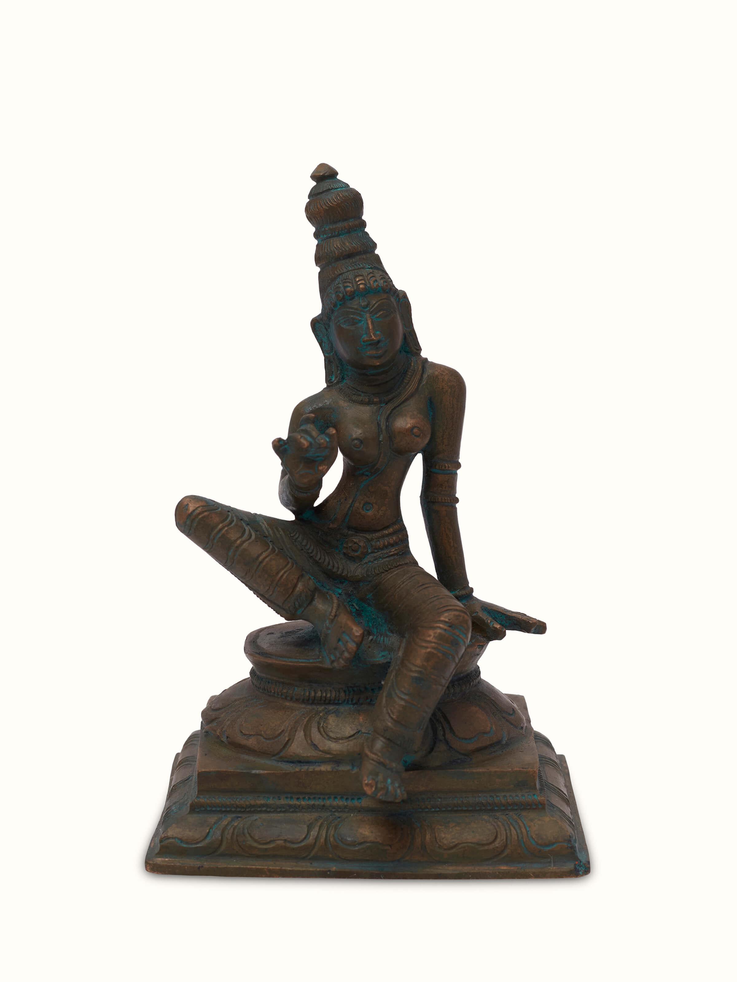 Front view of antique bronze casting boga Sakthi idol, highlighting intricate details