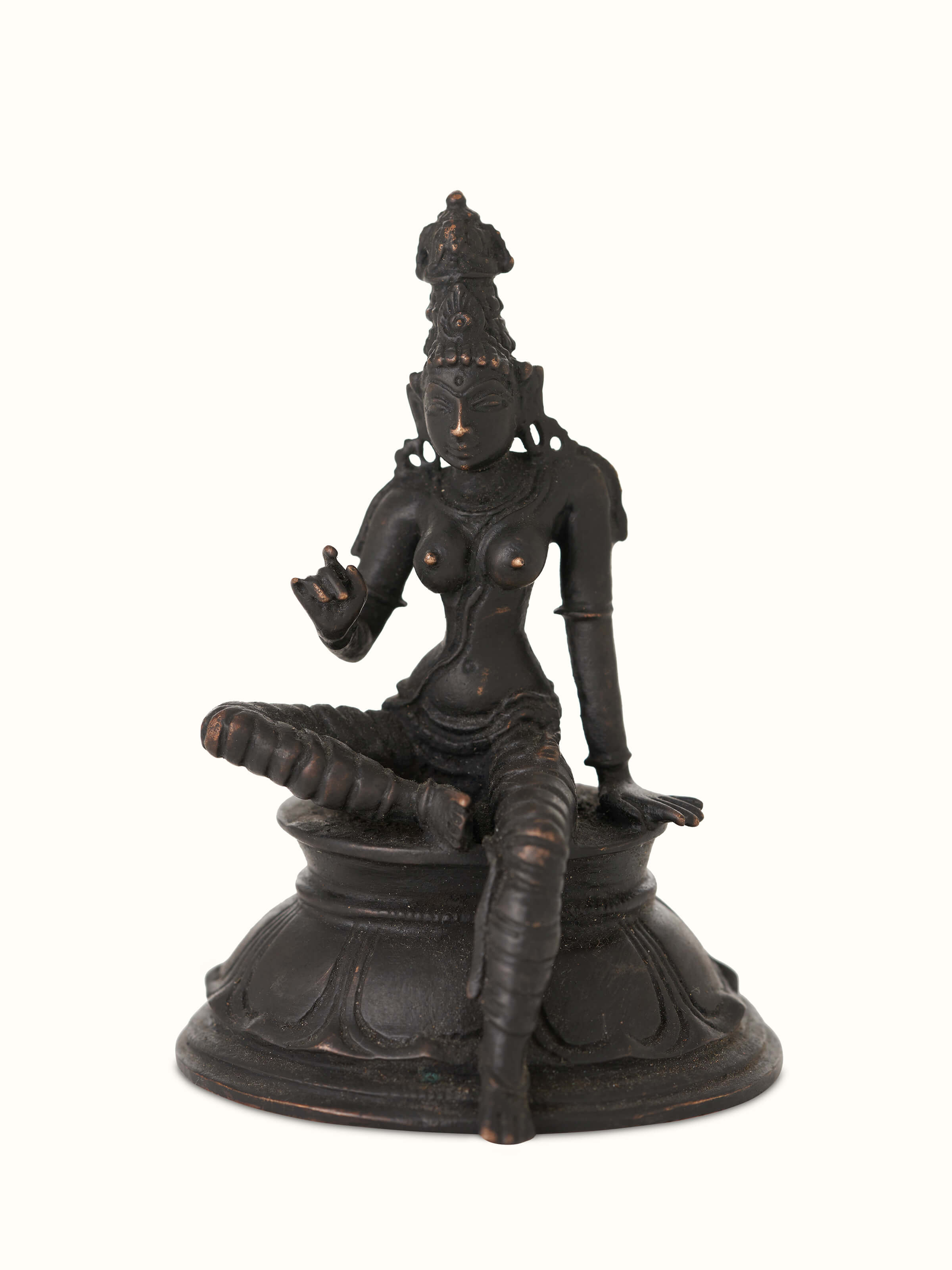 Front view of pristine bronze casting Boga Sakthi idol with detailed features