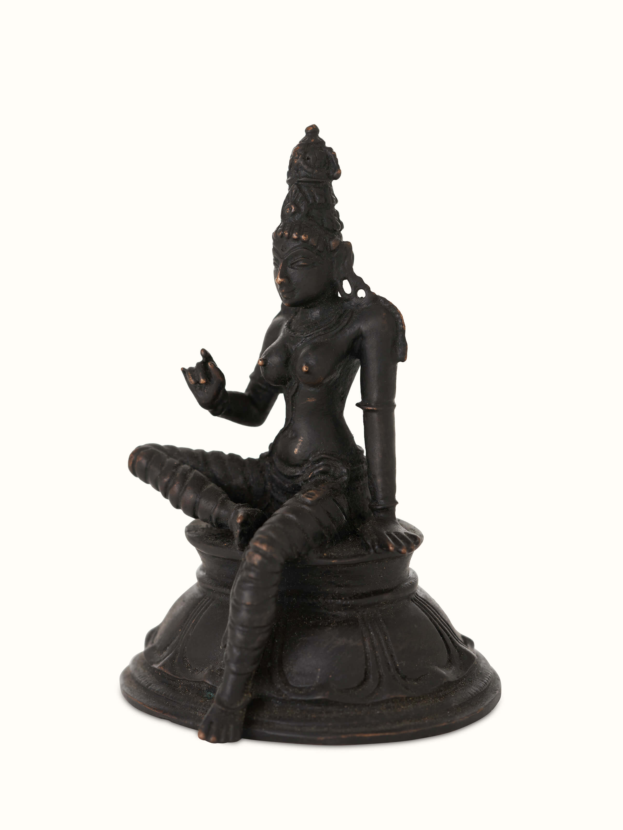 Detailed view of pristine bronze casting Boga Sakthi idol with fine craftsmanship