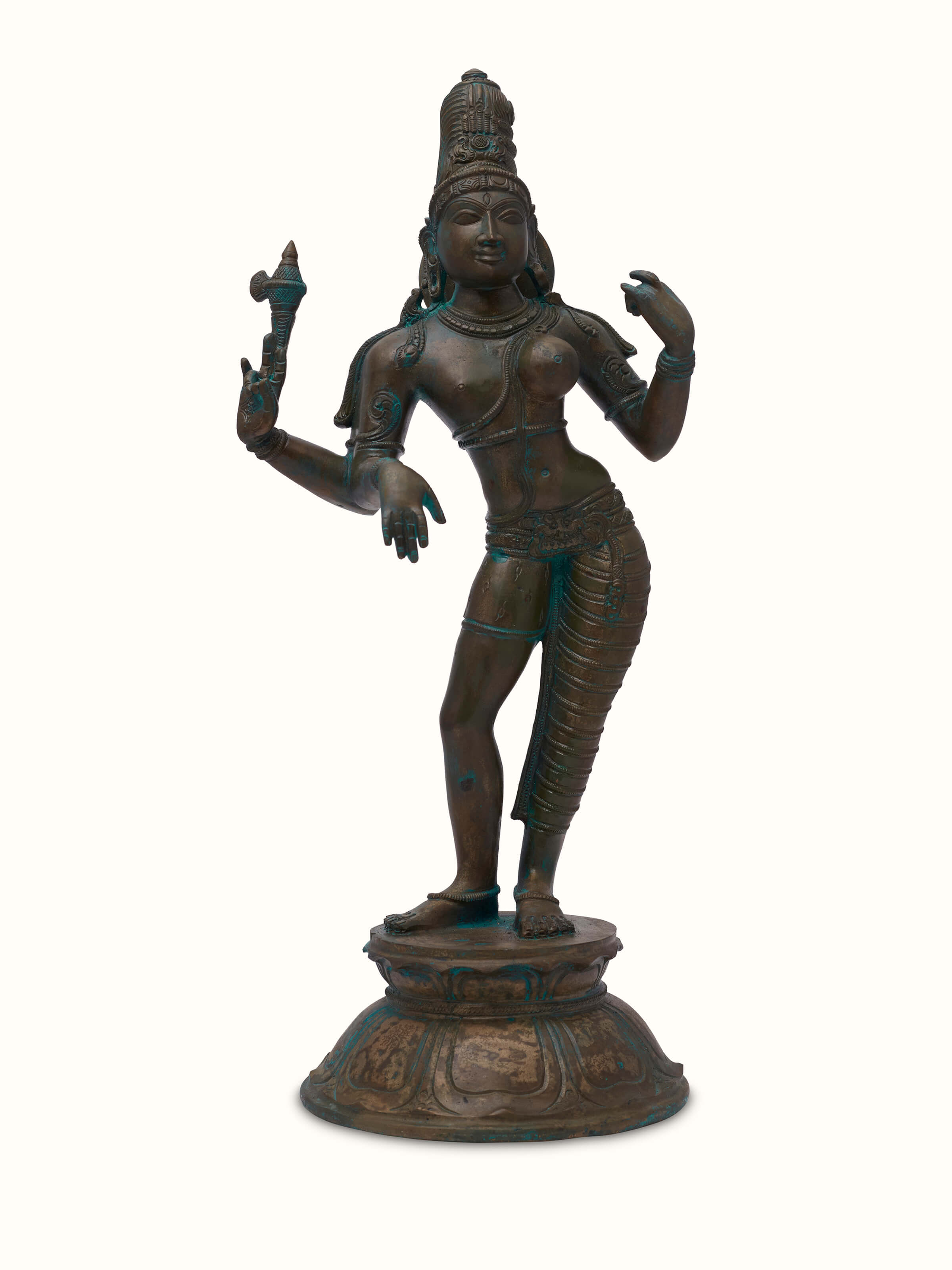 Front view of Heavenly bronze casting Ardhanarishwar idol showcasing detailed craftsmanship and rich bronze finish