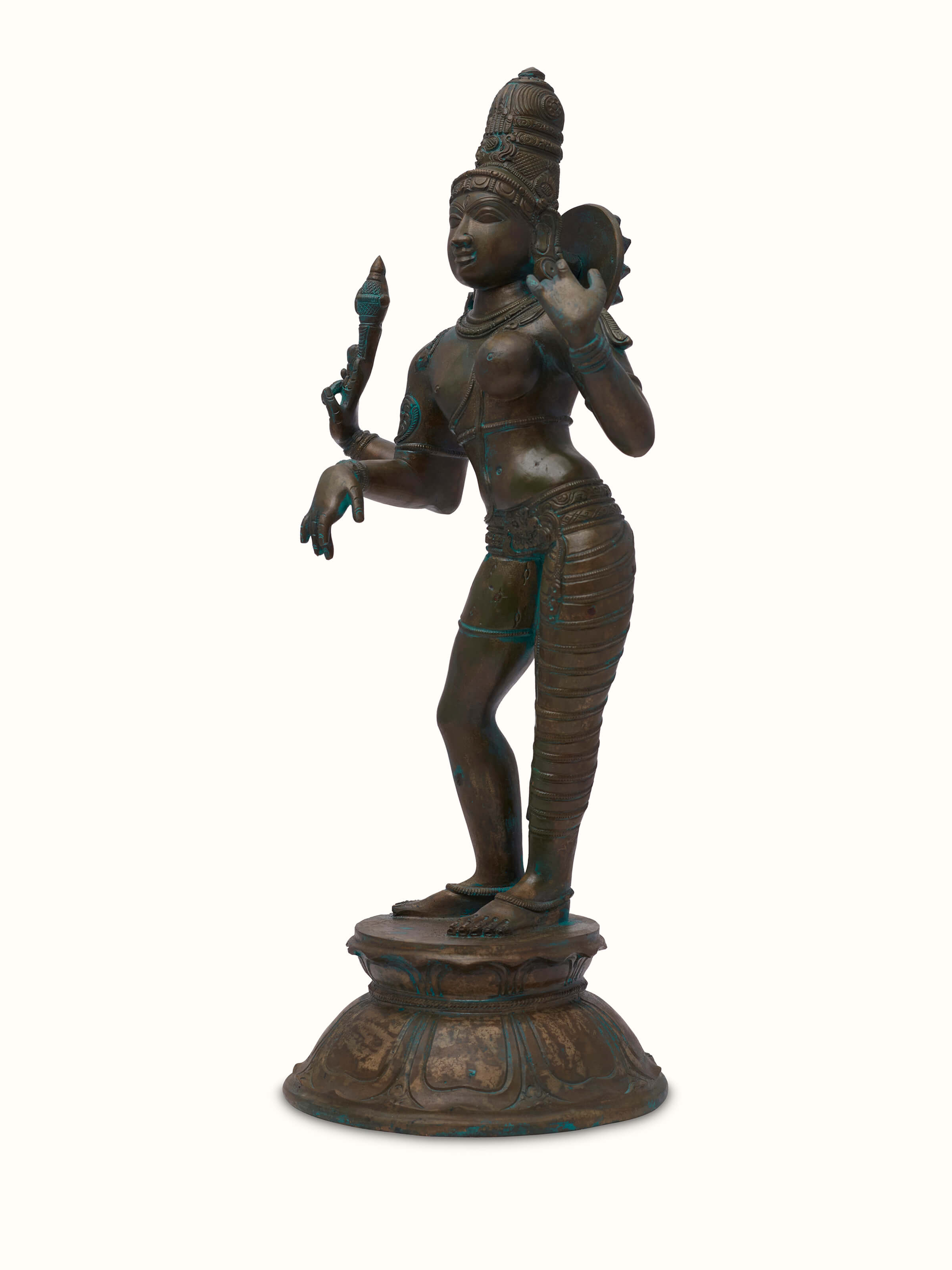 Side view of Heavenly bronze casting Ardhanarishwar idol highlighting intricate details and artistic design