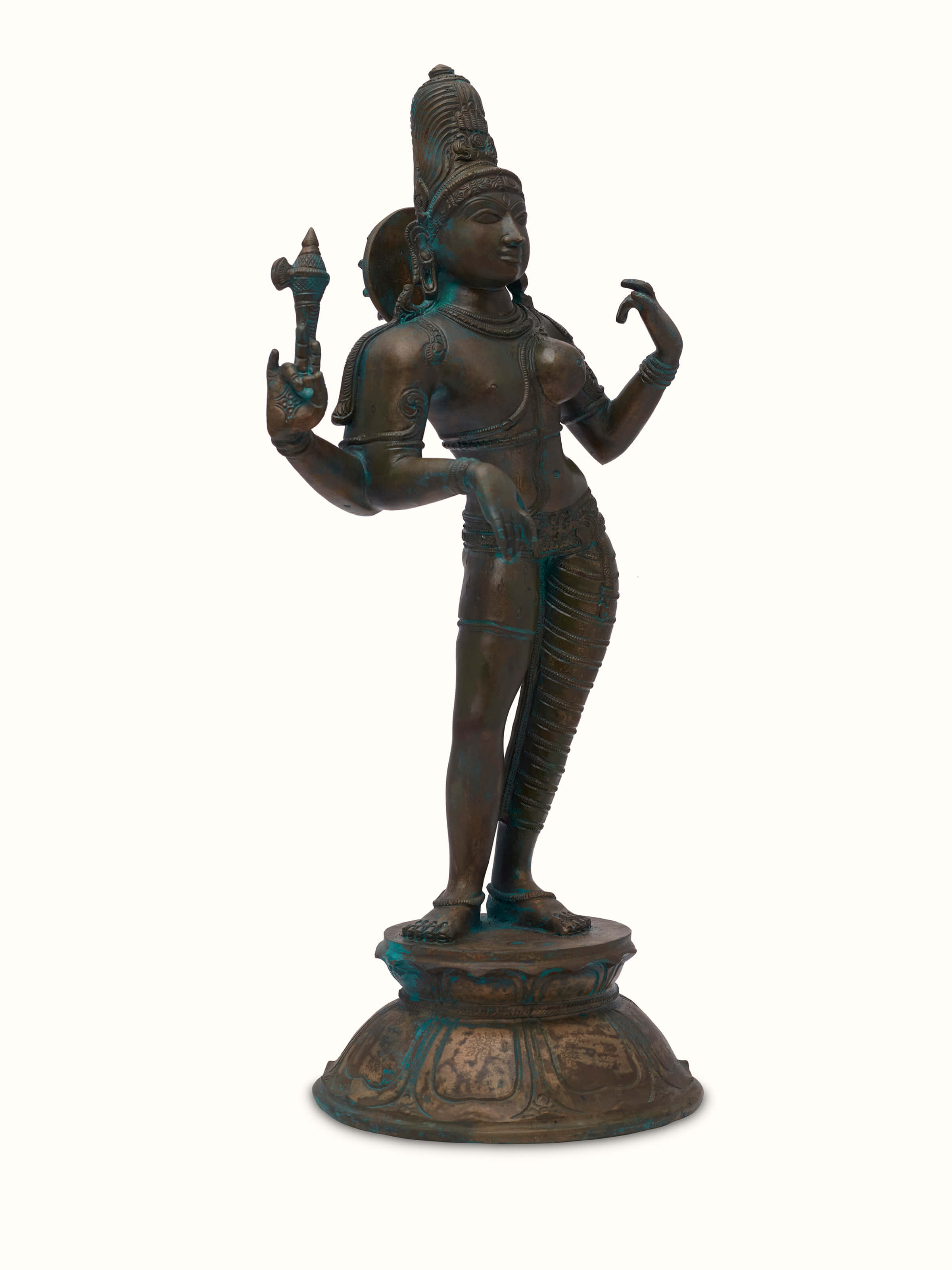 Close-up view of Heavenly bronze casting Ardhanarishwar idol focusing on the detailed bronze work and textures