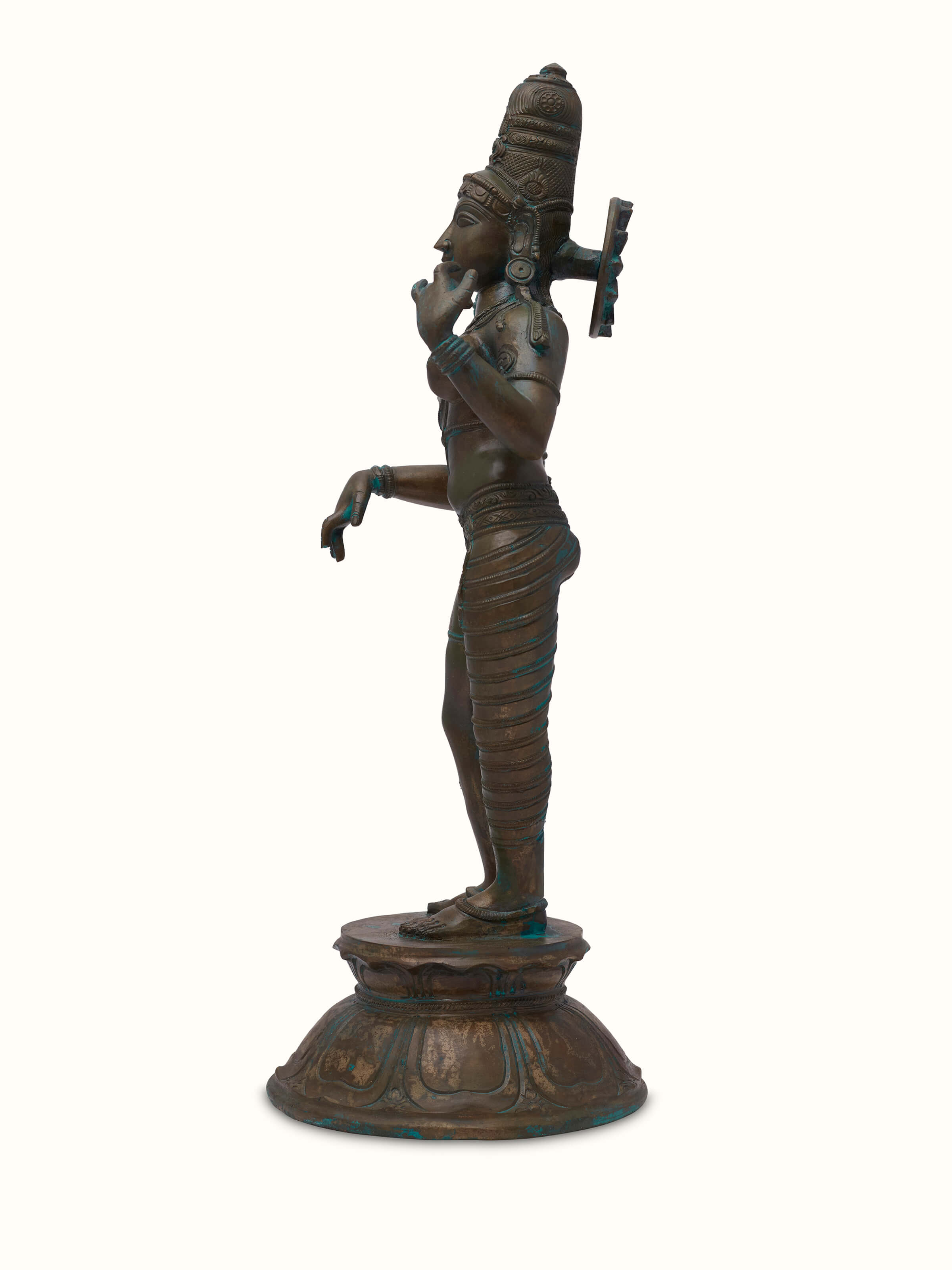 Angled view of Heavenly bronze casting Ardhanarishwar idol emphasizing its elegant form and bronze patina
