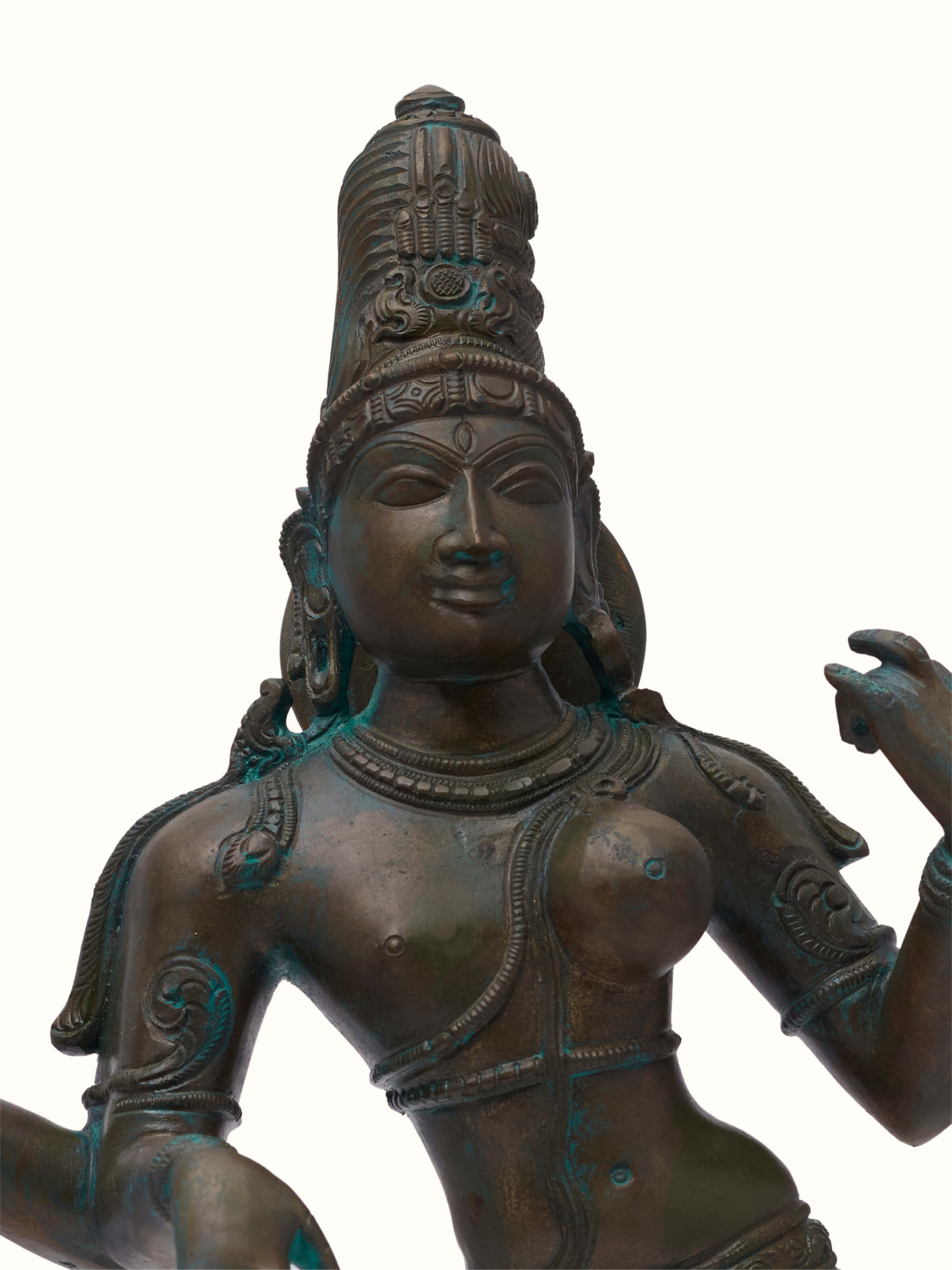 Detailed close-up of Heavenly bronze casting Ardhanarishwar idol showing the intricate patterns and fine craftsmanship