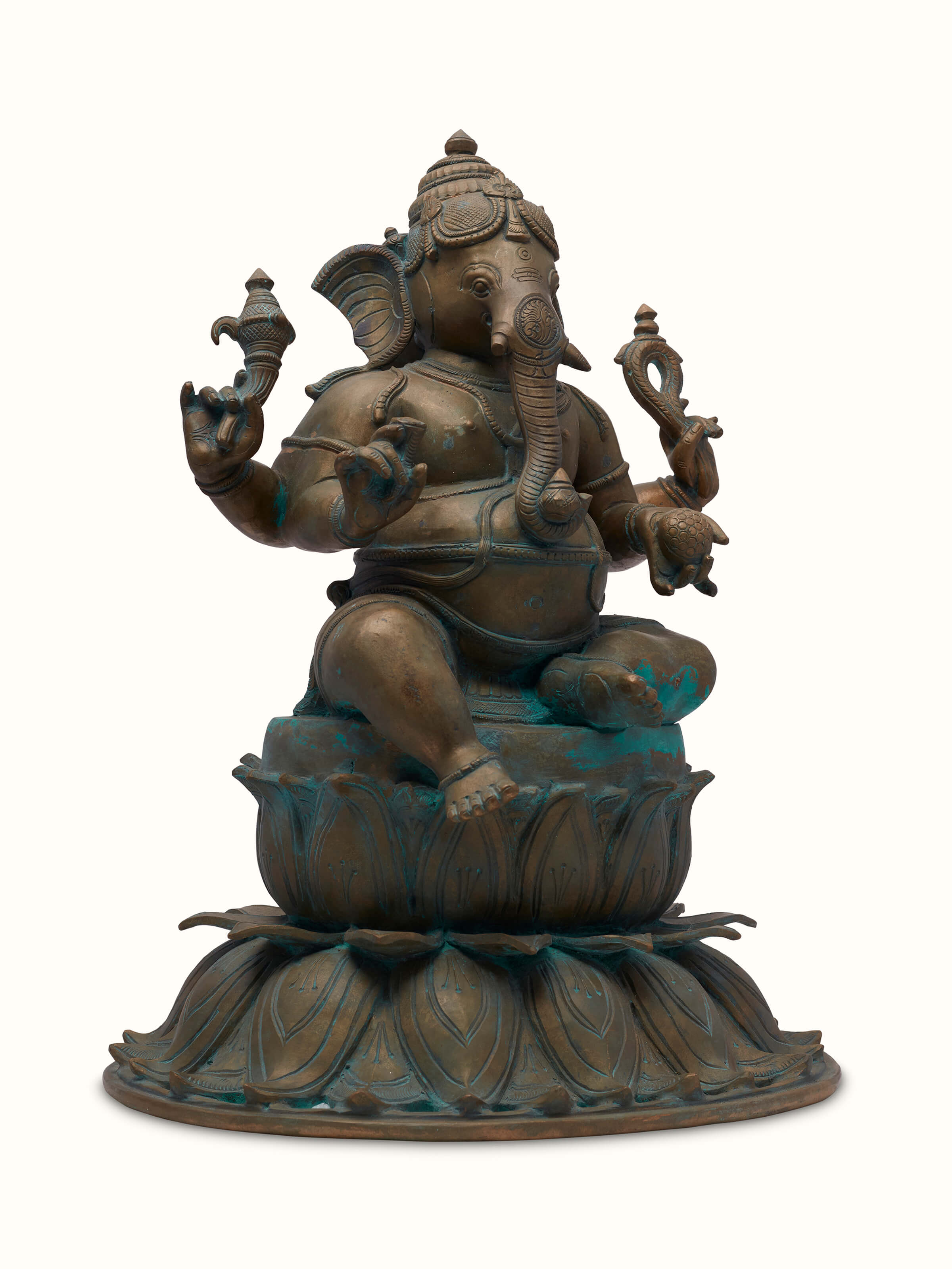 Close-up of the Prathameshwara bronze casting Gajanana idol, highlighting the intricate details and bronze finish.