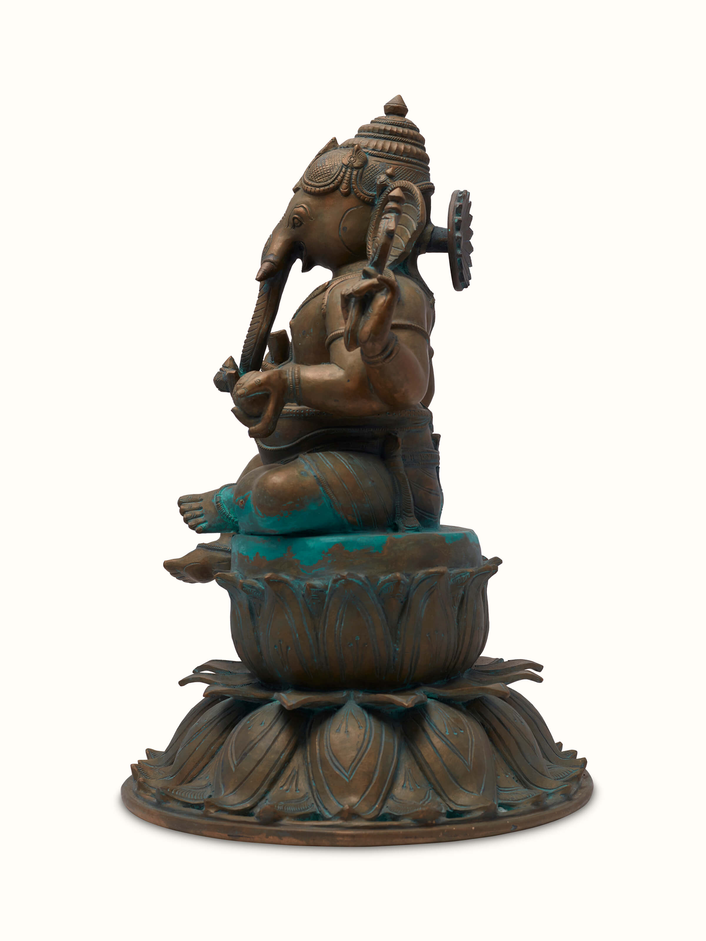 Full view of the Prathameshwara bronze casting Gajanana idol, emphasizing its majestic presence and bronze detailing.