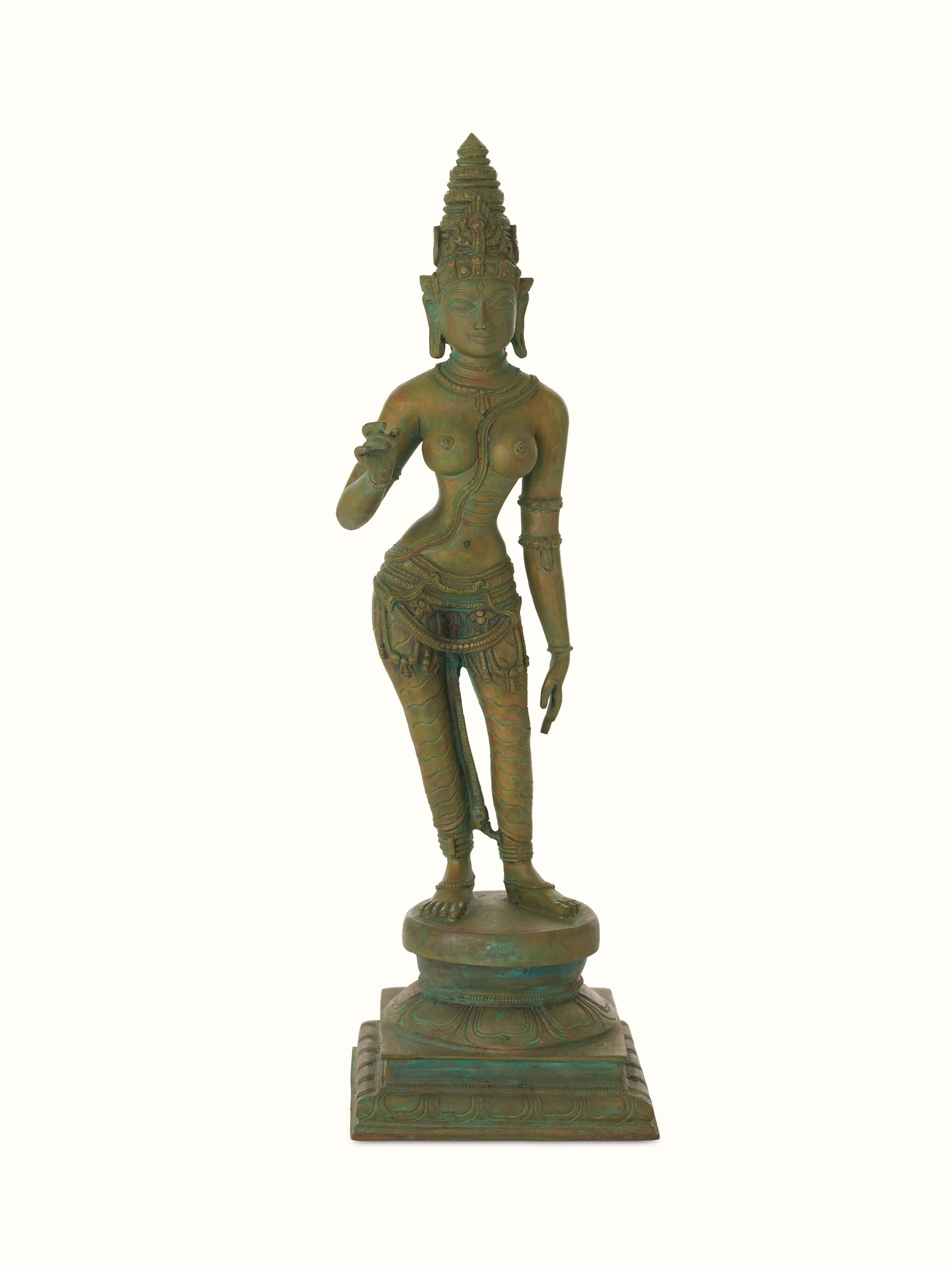Front view of Gracious bronze casting goddess Parvathi idol highlighting detailed bronze work and serene expression.