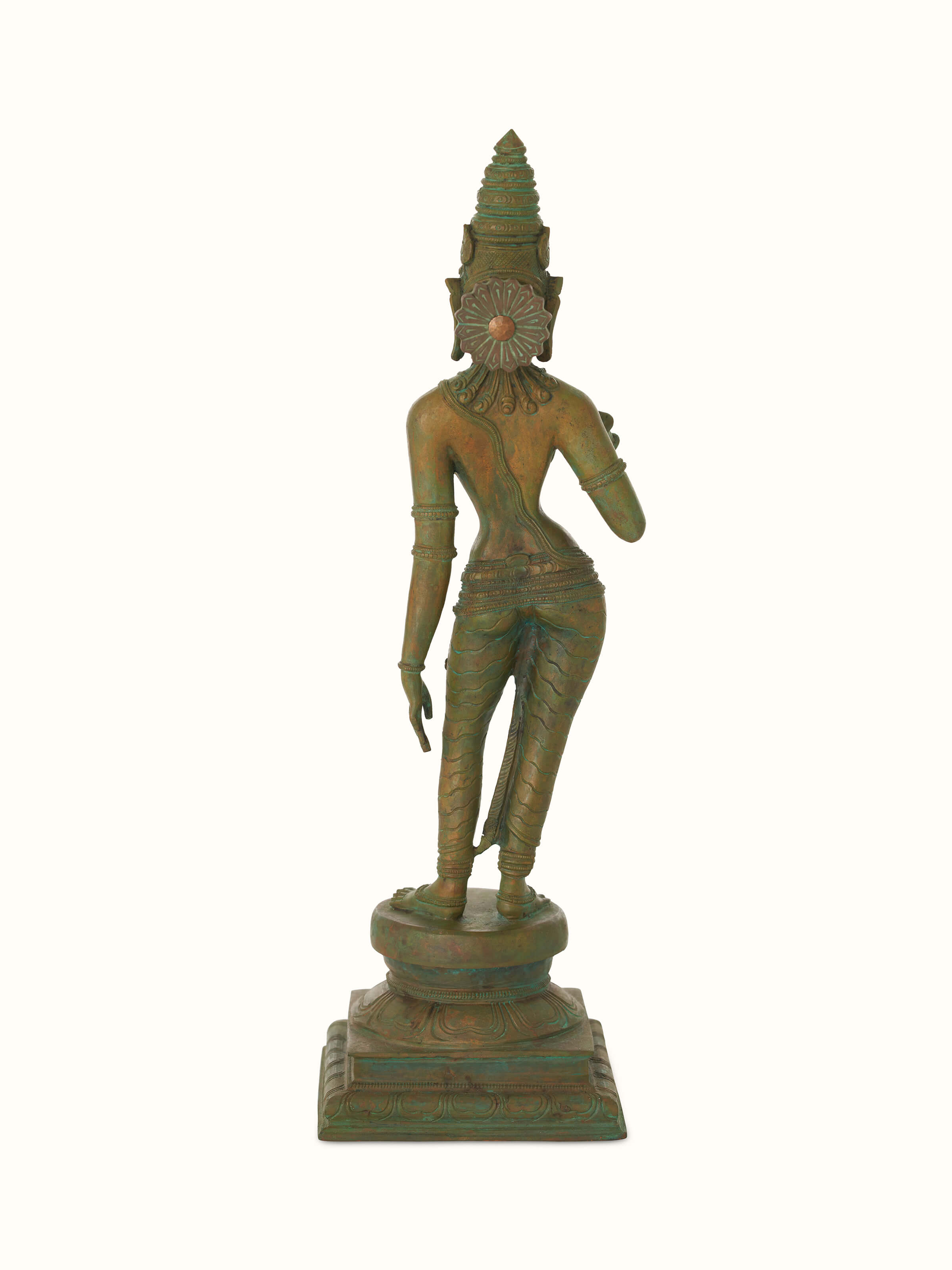 Side profile of Gracious bronze casting goddess Parvathi idol highlighting detailed craftsmanship and elegant pose.