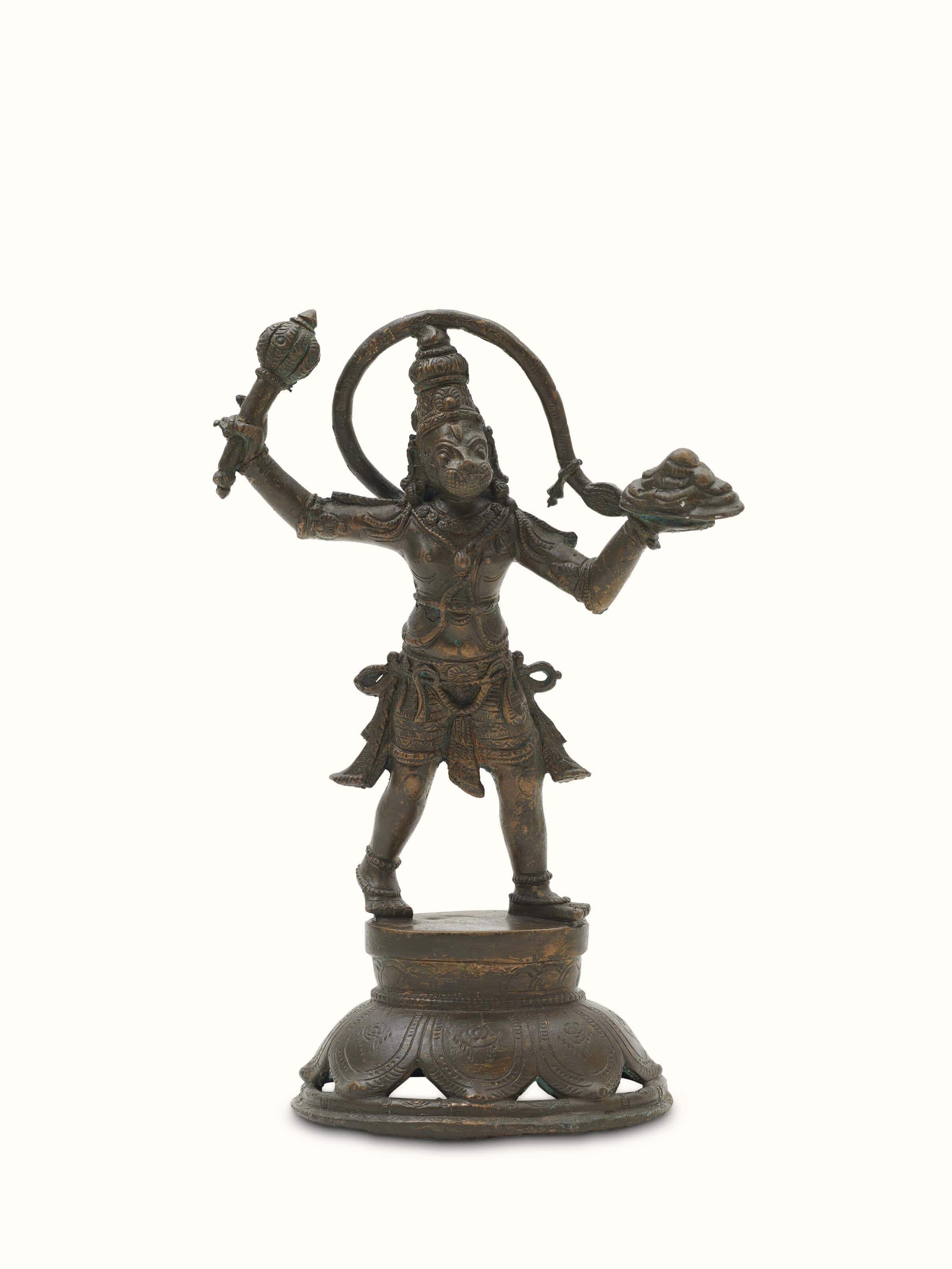 Front view of Anjaneyar with Sanjeevani Bronze Casting Idol depicting the detailed craftsmanship and vibrant bronze color