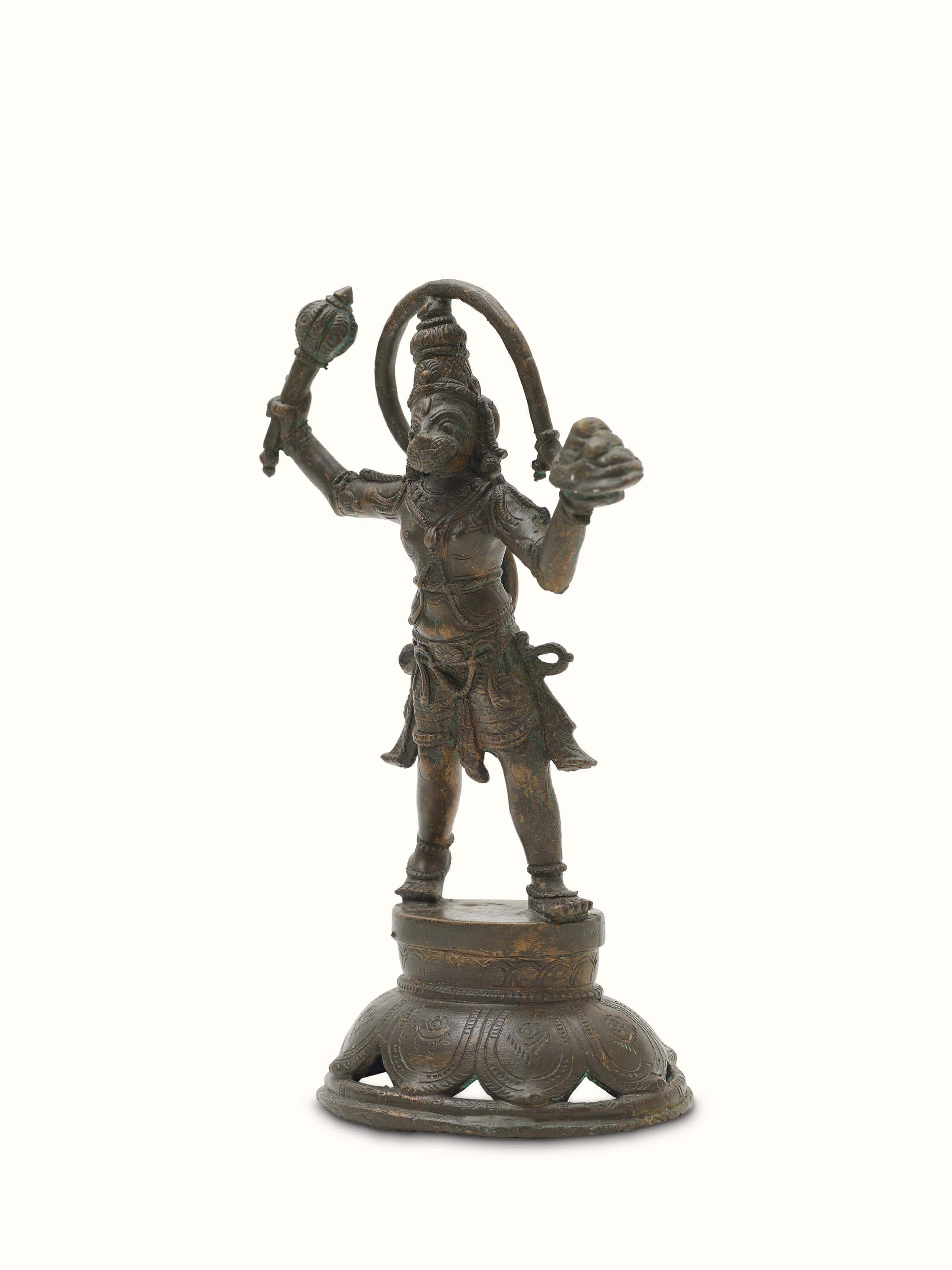 Angled view of Anjaneyar with Sanjeevani Bronze Casting Idol highlighting the intricate bronze casting and pose