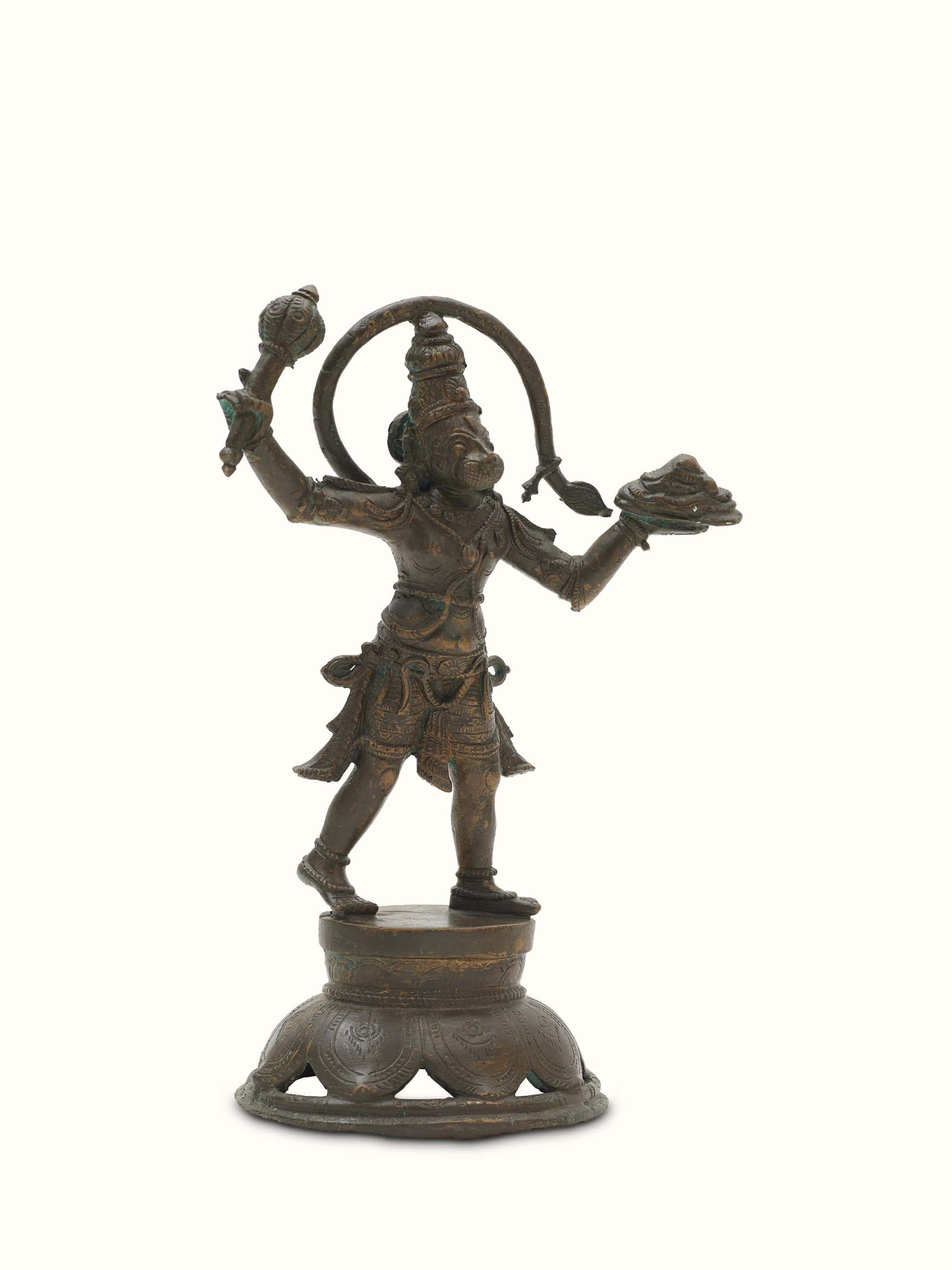 Side view of Anjaneyar with Sanjeevani Bronze Casting Idol showcasing detailed carvings and artistic craftsmanship