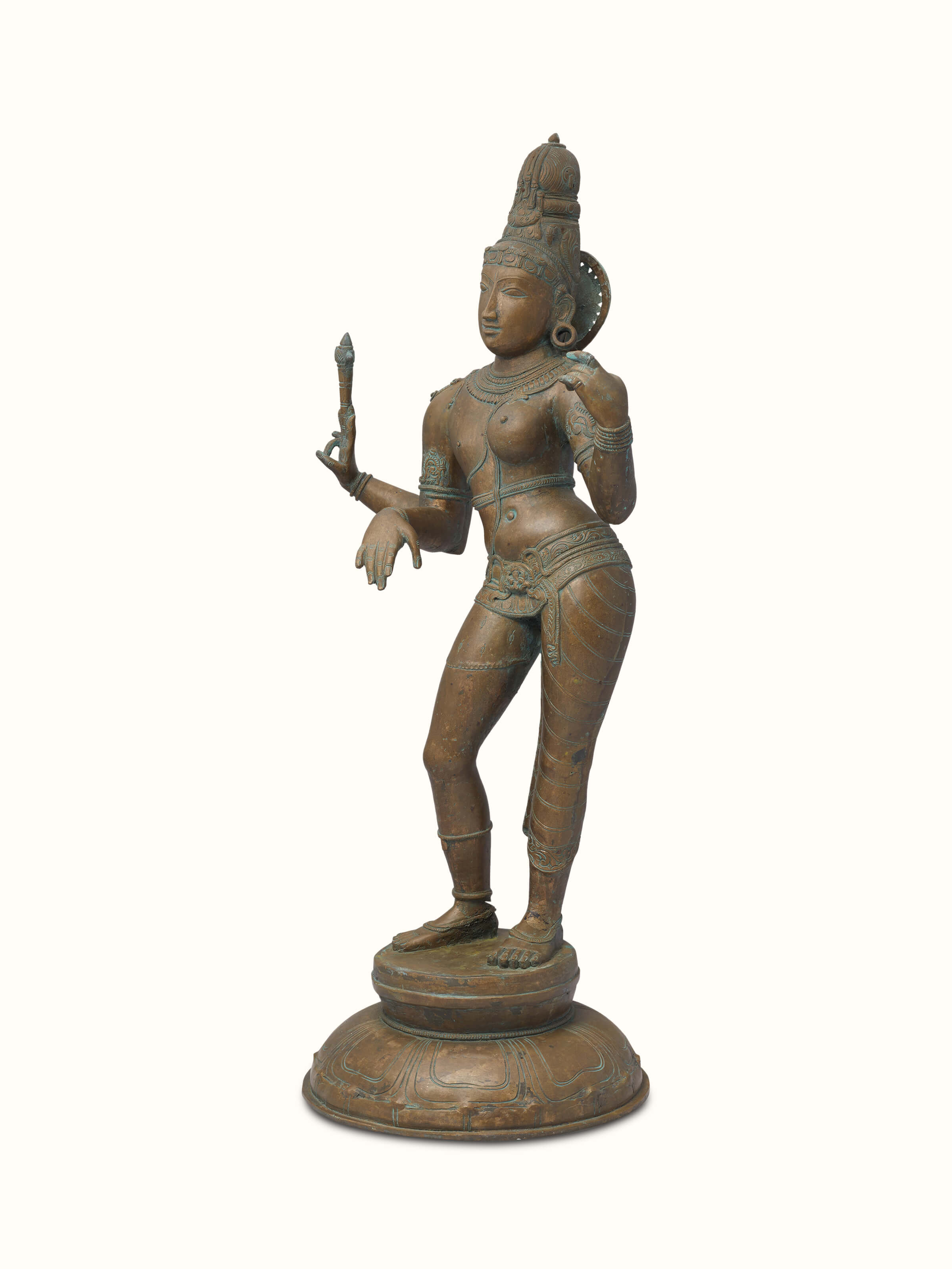Detailed view of Ethereal Ardhanarishvara bronze casting idol focusing on the intricate features