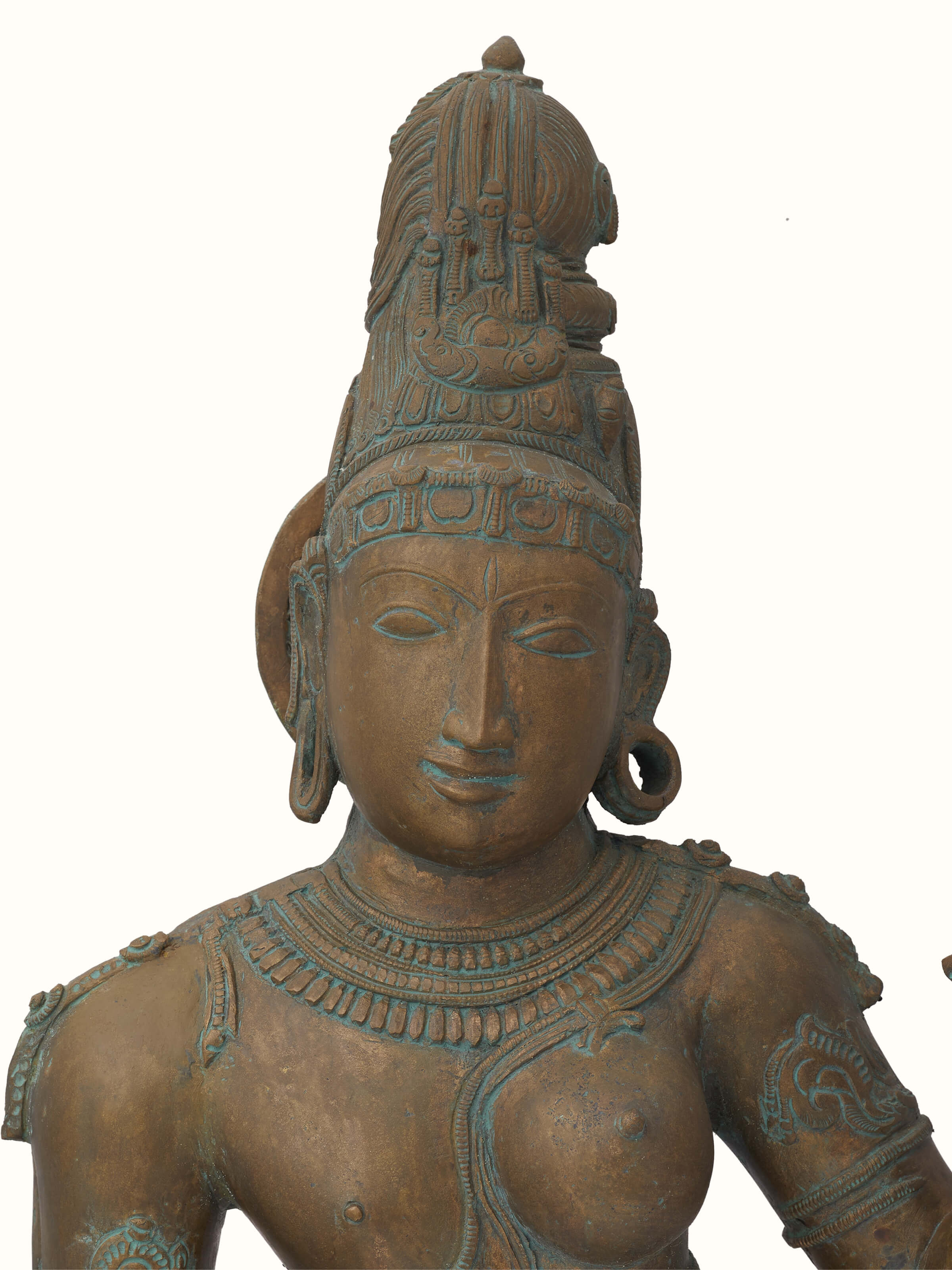 Angled view of Ethereal Ardhanarishvara bronze casting idol displaying the sculpture's depth and detail