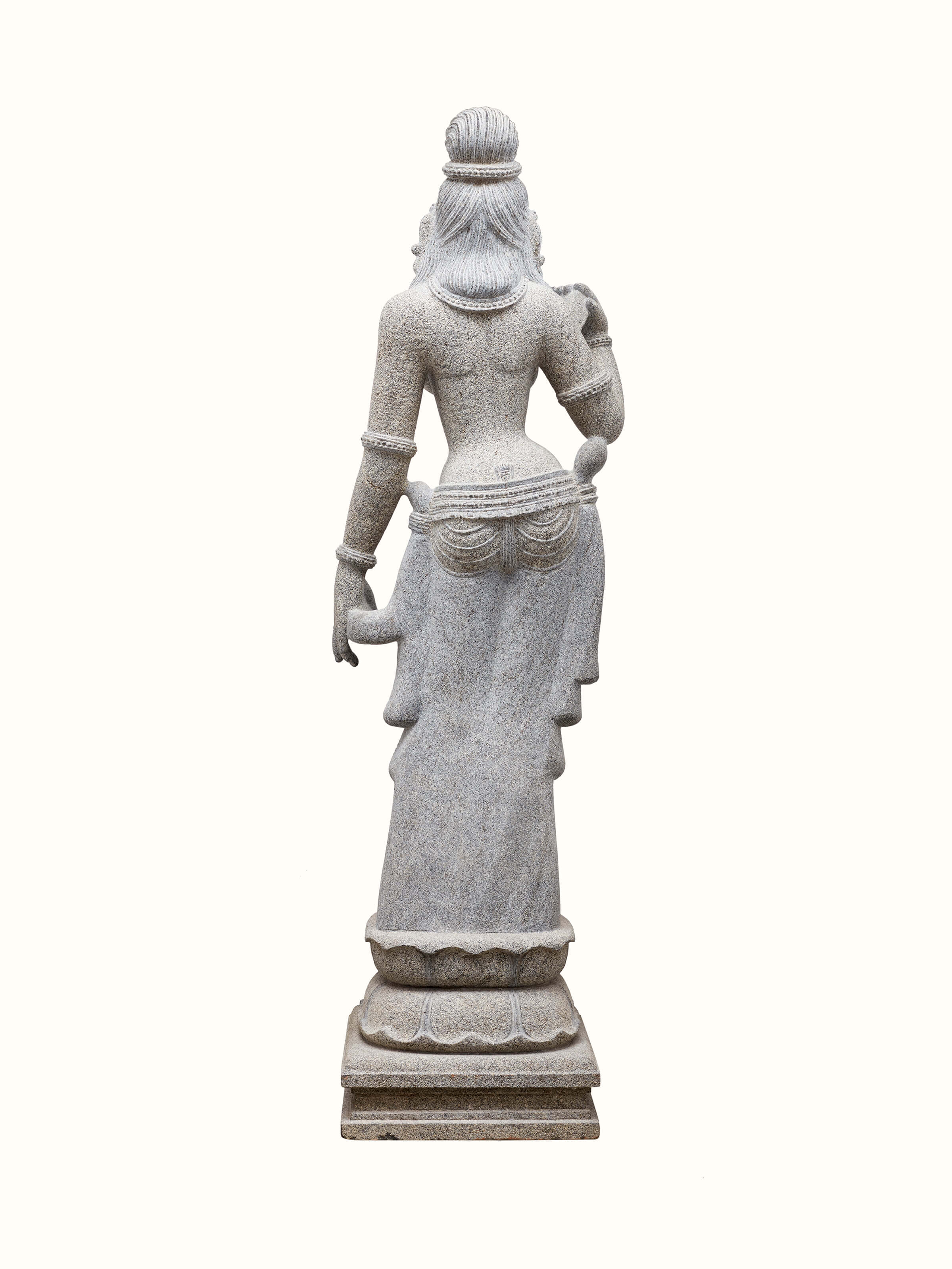 Back view of Deviji Idol, showcasing the elegant rear detailing and smooth stone finish.