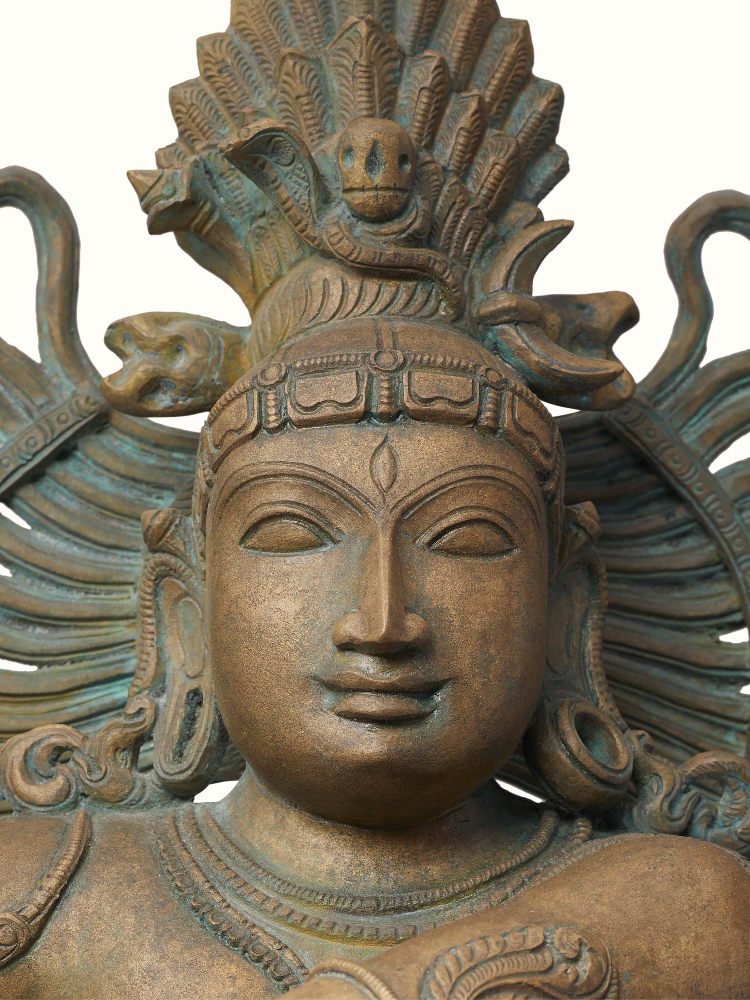 Close-up of Graceful Nataraja Bronze Casting Idol focusing on the detailed bronze carvings and divine expression.