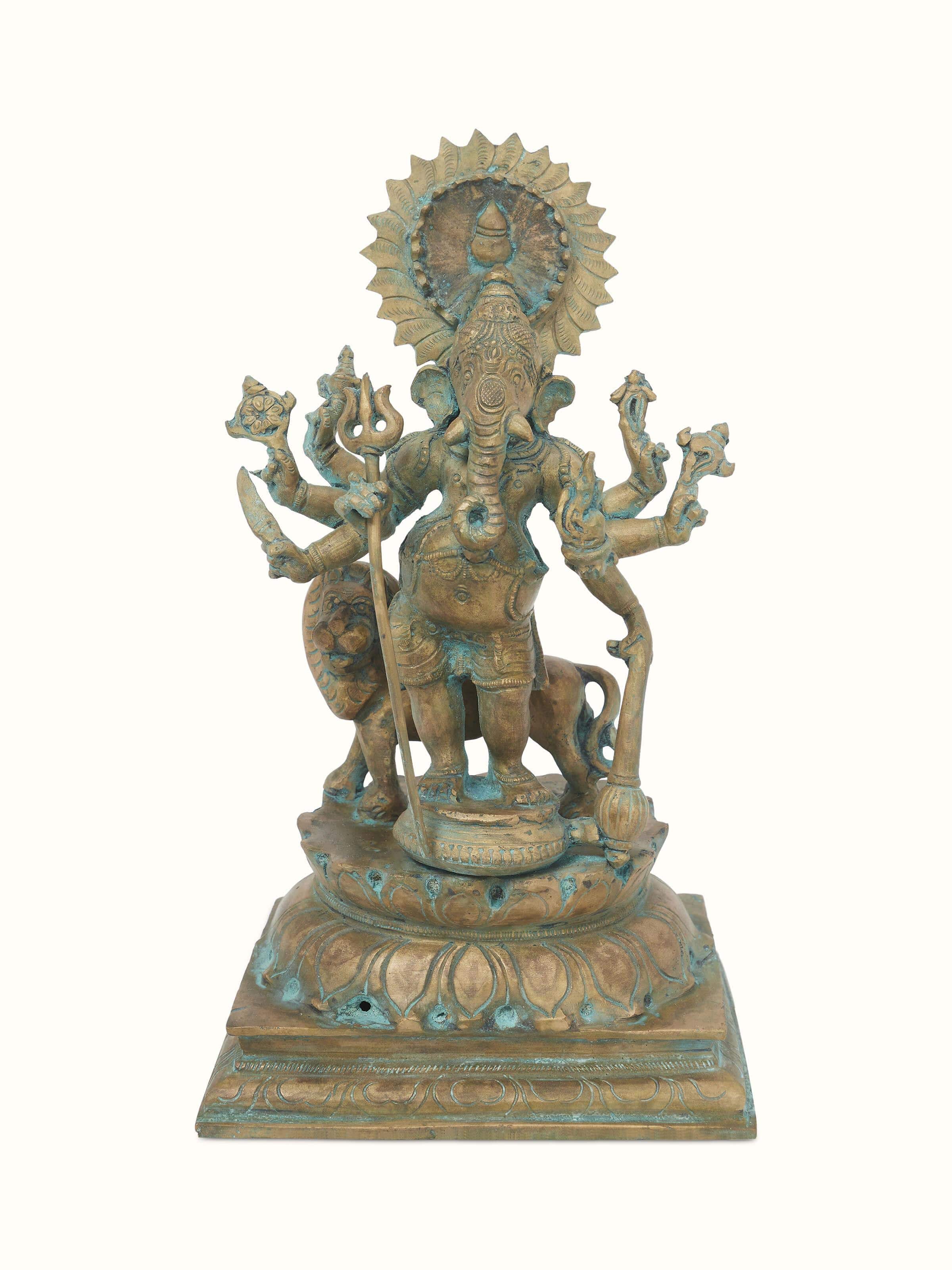 Front view of Heramba bronze casting Trishul Ganesh idol with detailed craftsmanship