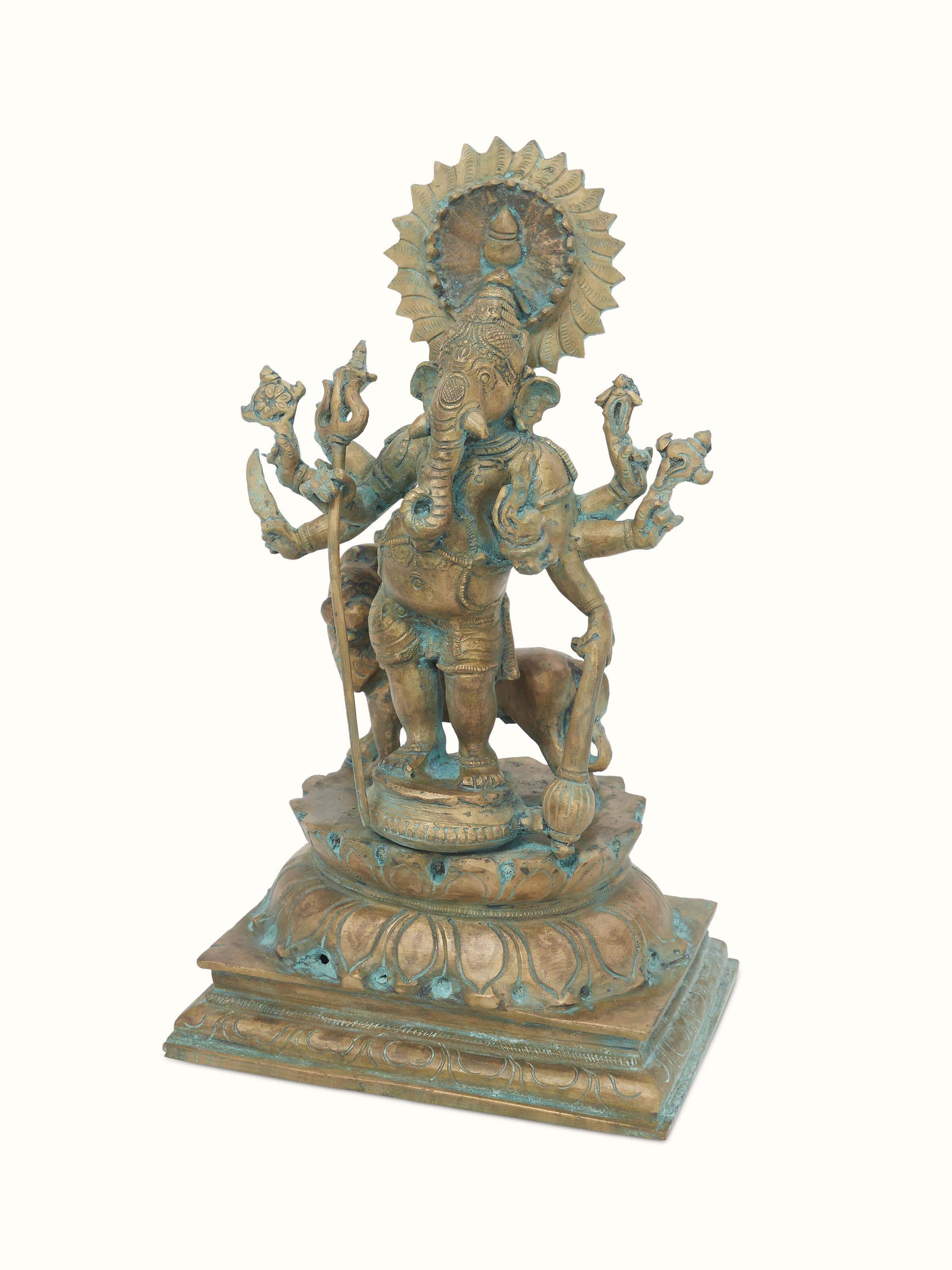 Side view of Heramba bronze casting Trishul Ganesh idol highlighting intricate design elements