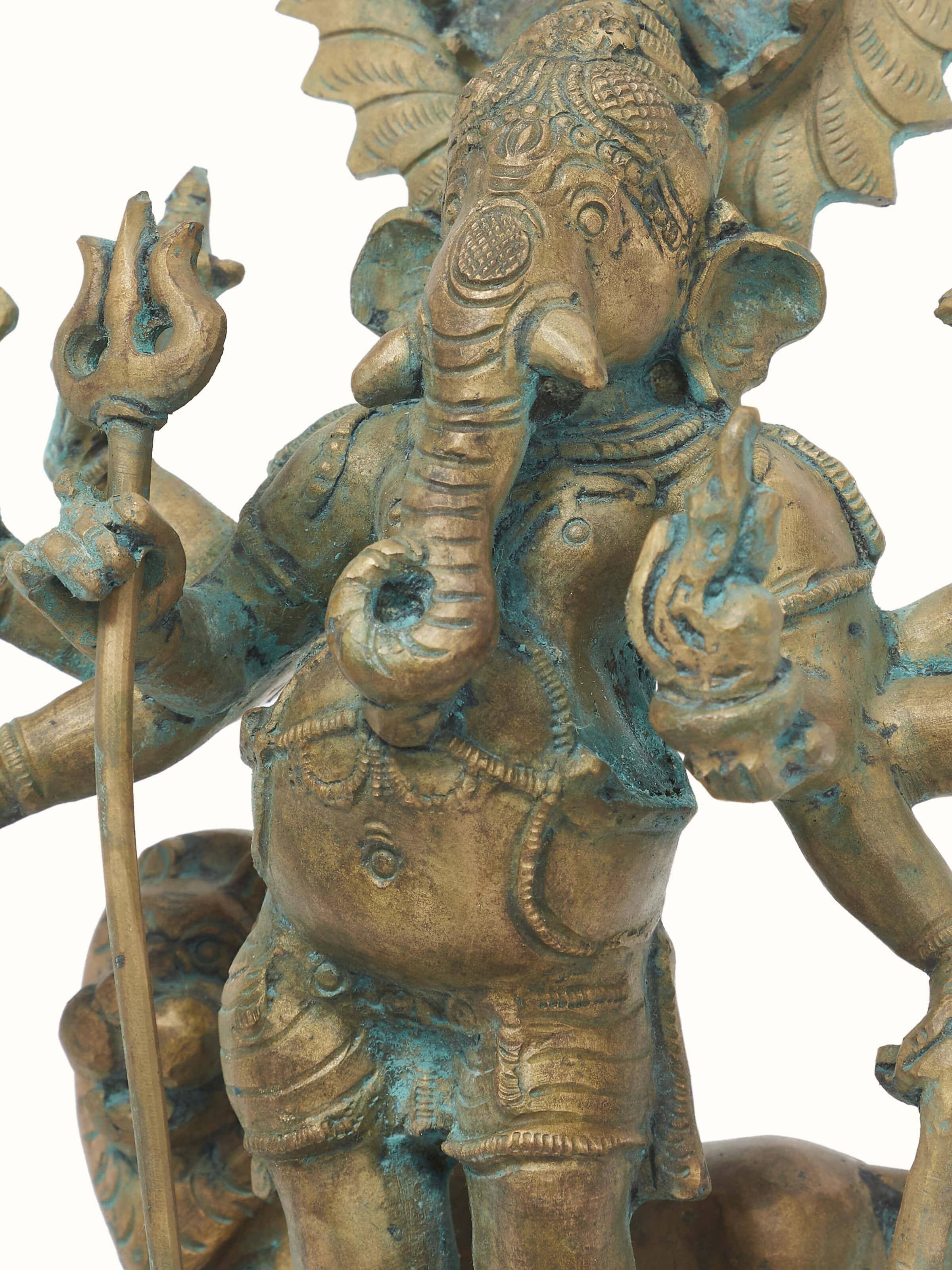 Detailed view of Heramba bronze casting Trishul Ganesh idol showing fine detailing and texture