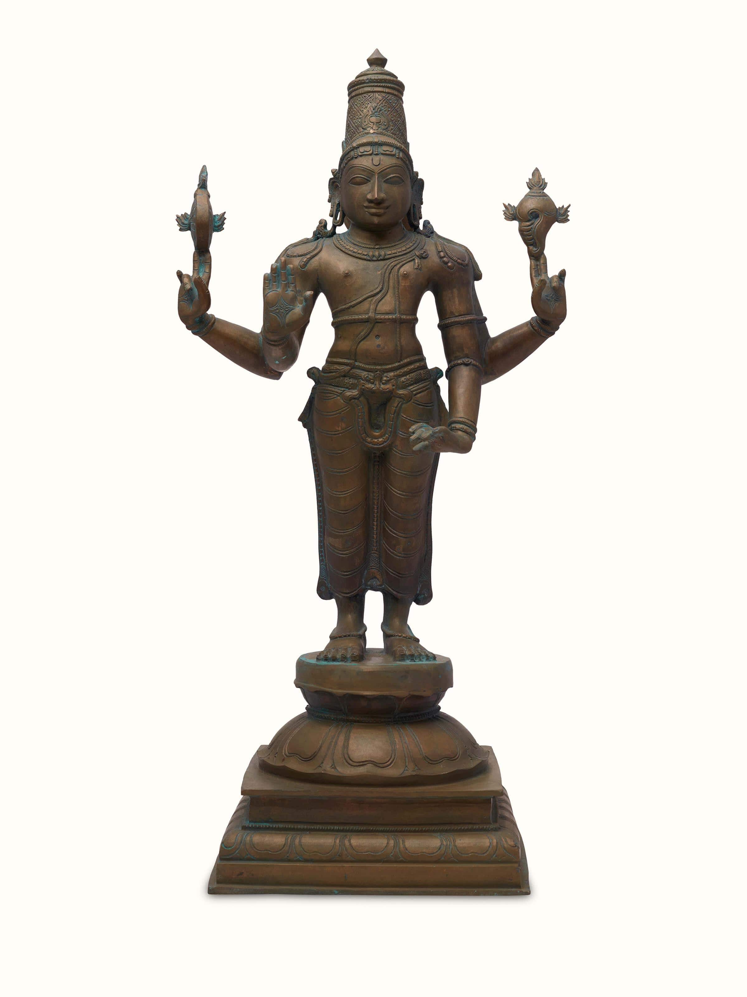 Front view of Magnificent bronze casting Vishnu idol highlighting detailed craftsmanship