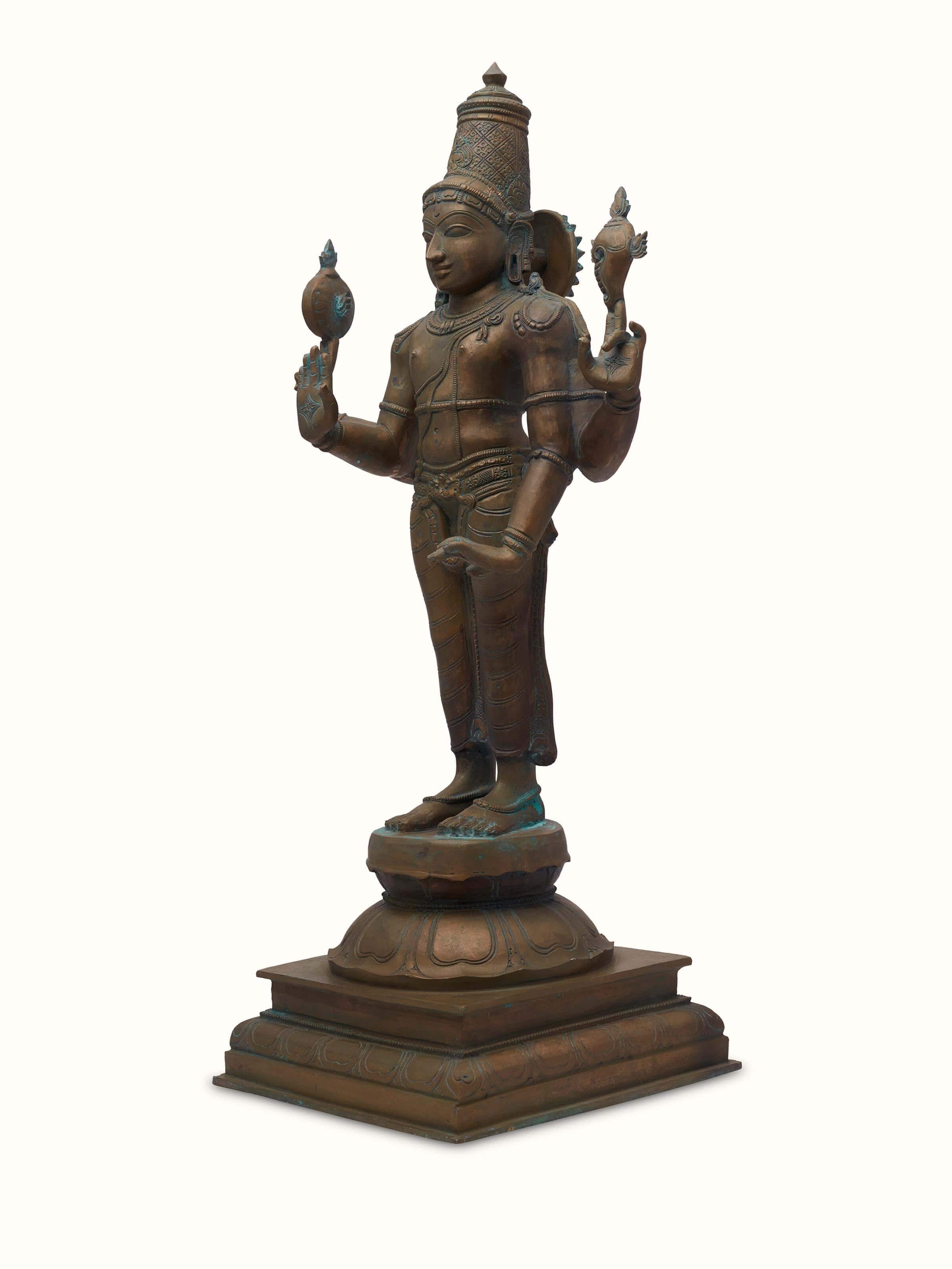 Side view of Magnificent bronze casting Vishnu idol showcasing intricate detailing