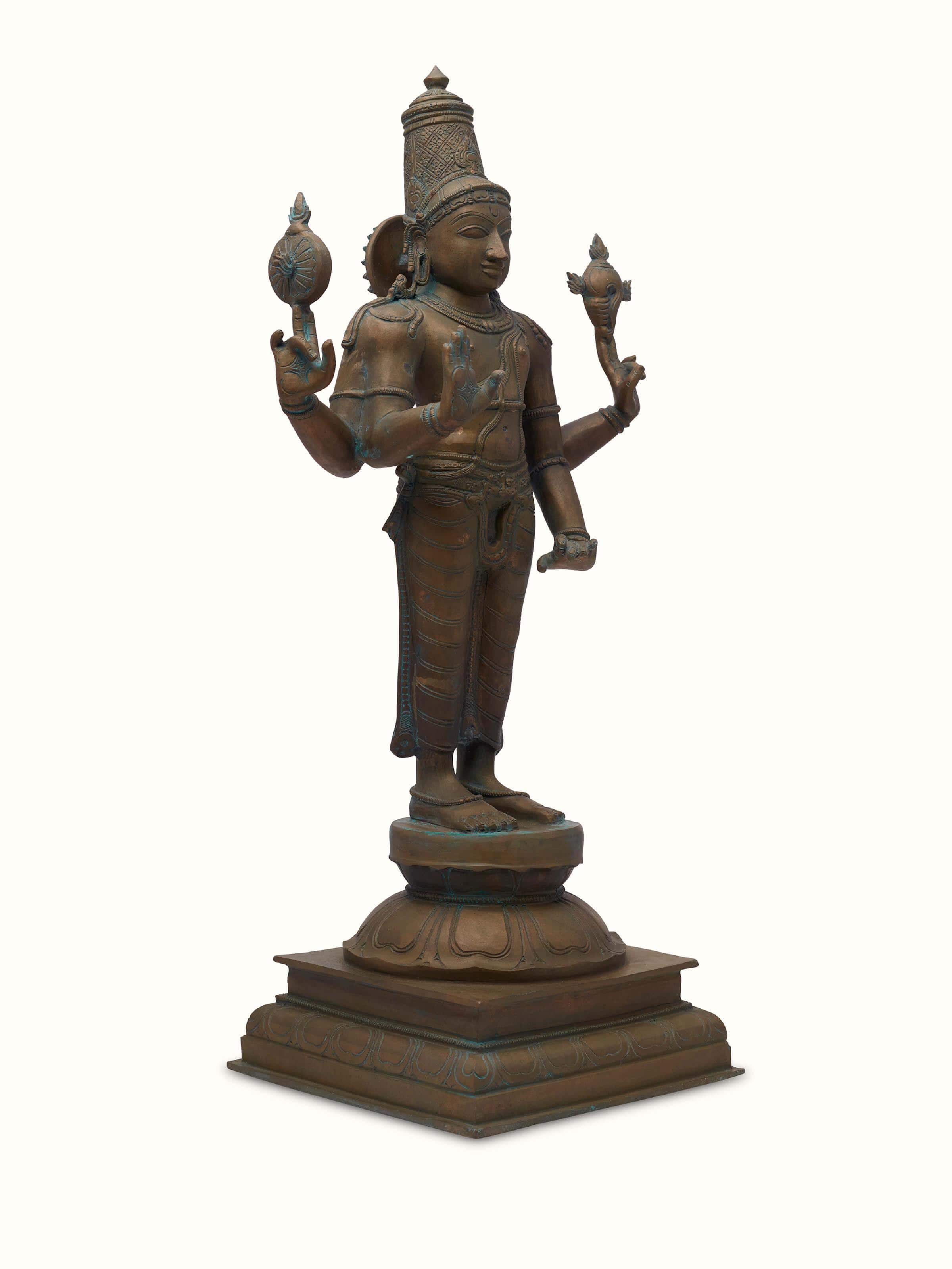 Detailed close-up of Magnificent bronze casting Vishnu idol revealing fine bronze work
